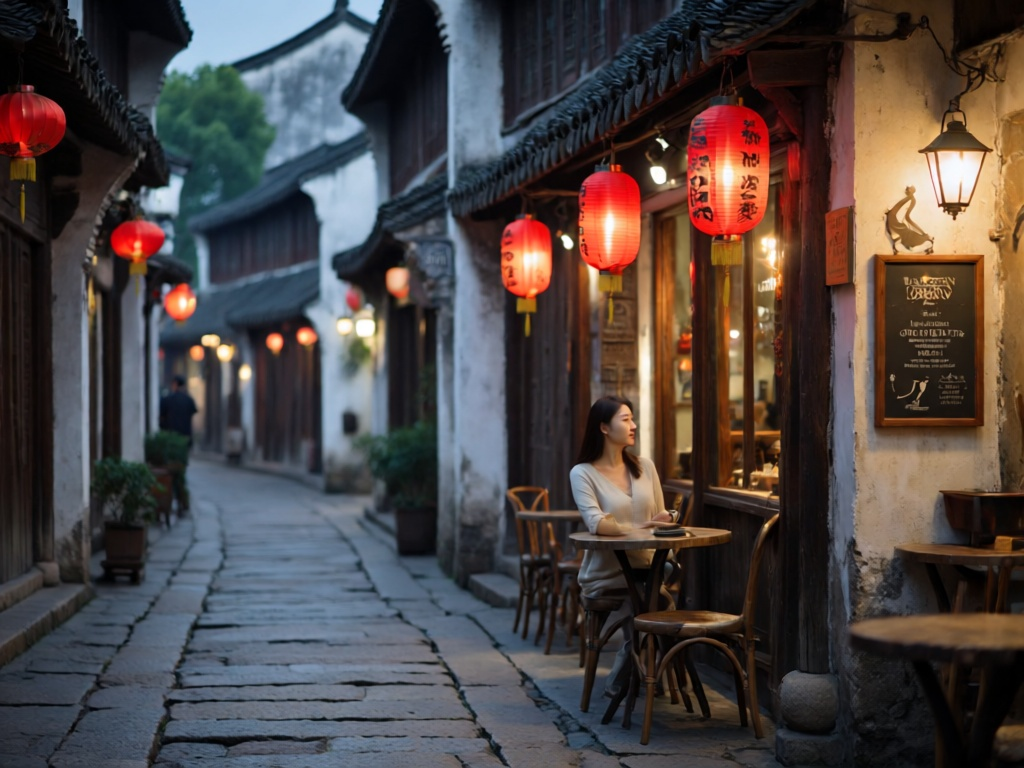 An empty lantern-lit old-town alley with red lanterns and graphite stone pavement.