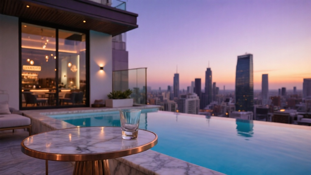 A cocktail glass on a marble ledge by a rooftop infinity pool at sunset.