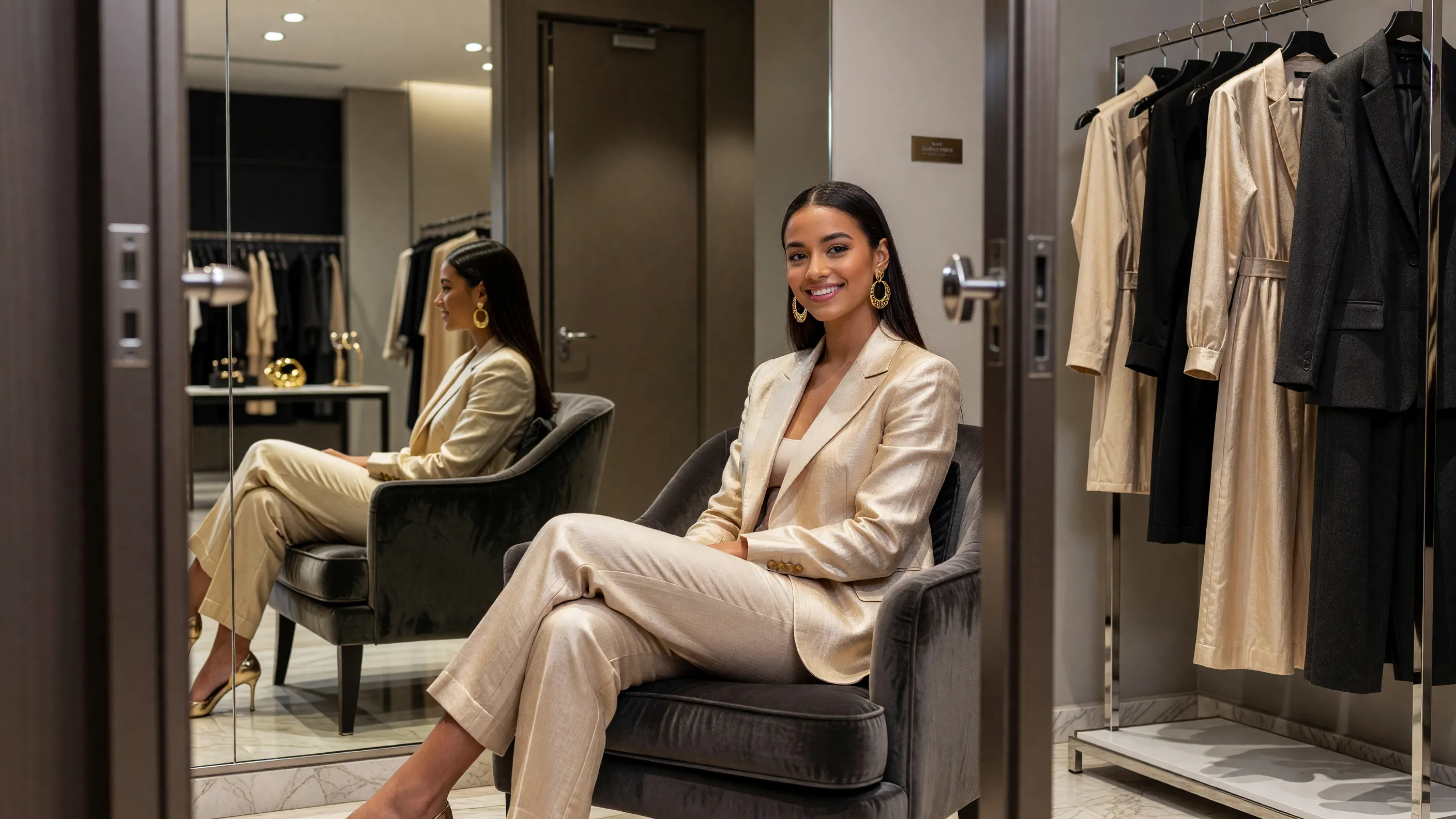 A stylish young woman in a luxury Sandton boutique near Nelson Mandela Square.