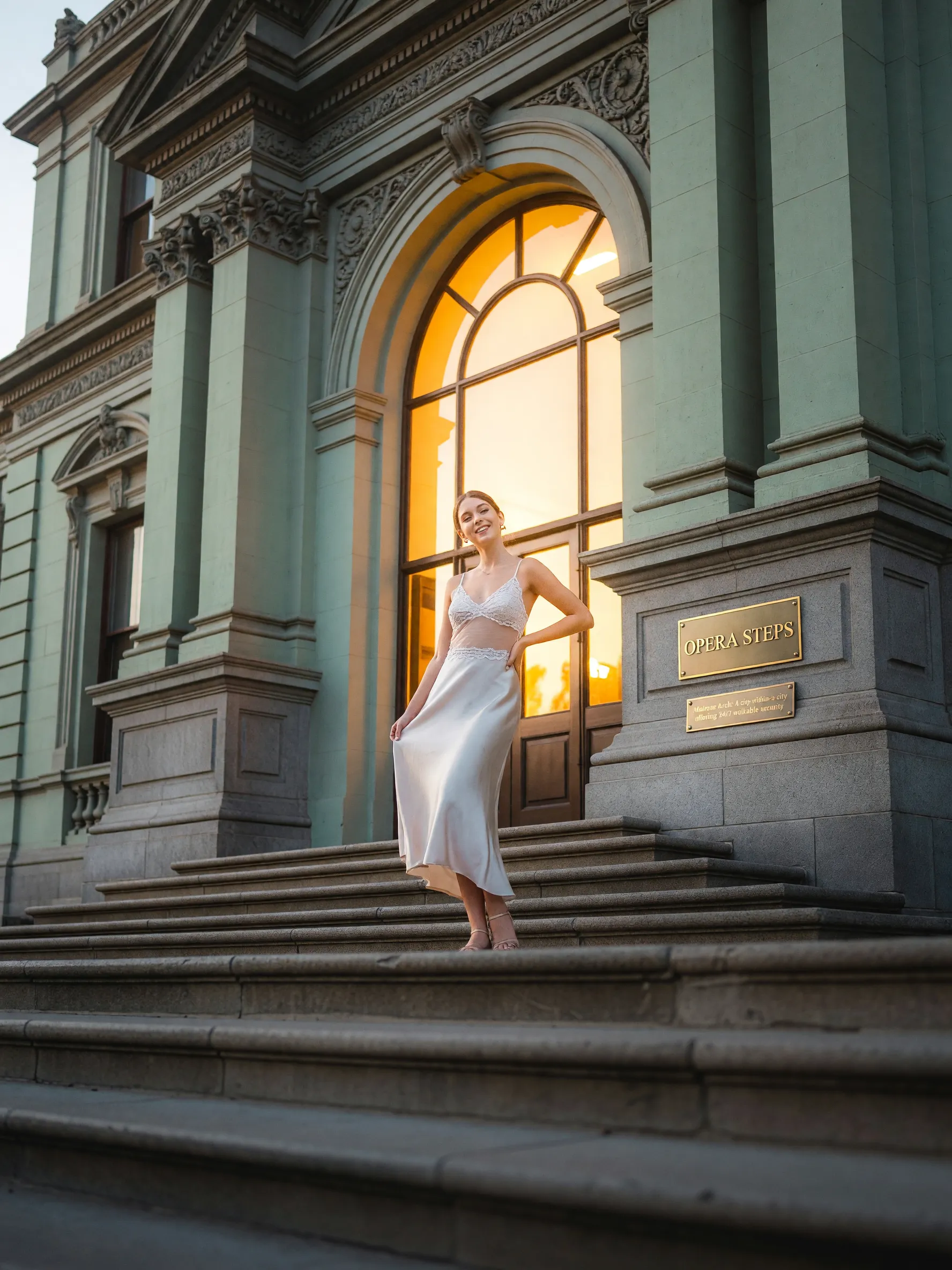 An elegant woman at Melrose Arch at dusk, representing the choice between scale and precision.