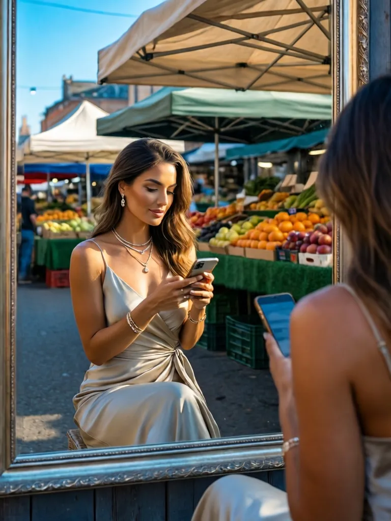 An alluring woman checking her phone in a mirror reflection at a farmers market.