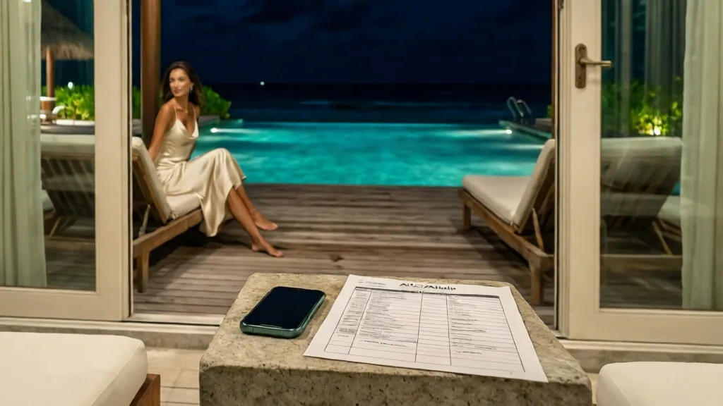A smartphone and audit checklist on a table in a luxury poolside cabana at night.