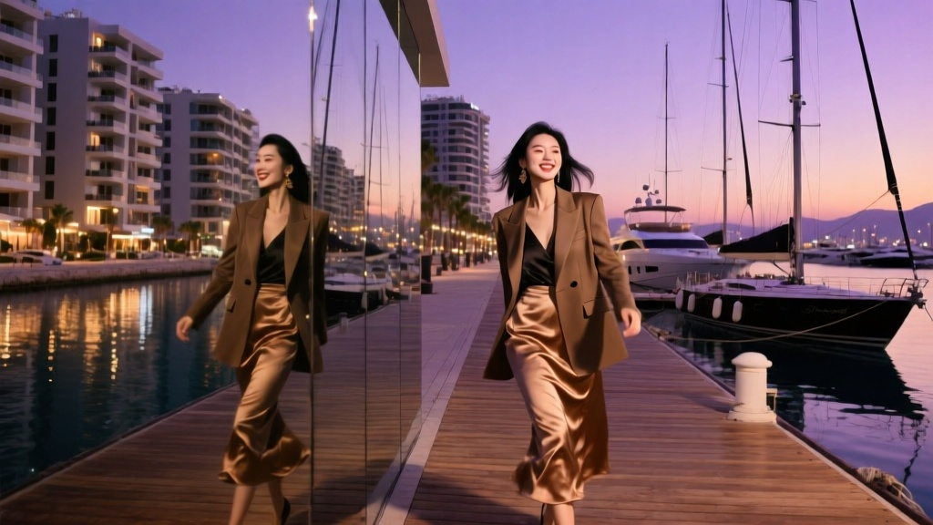 Elegant woman reflected in a marina mirror at dusk in Antalya