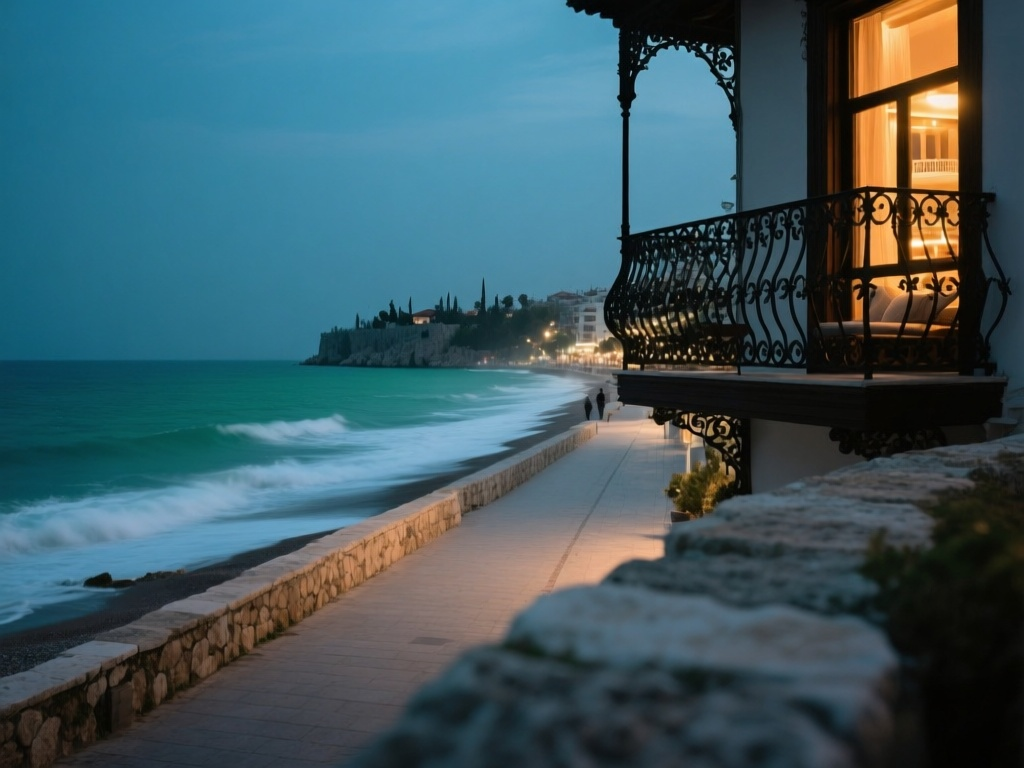 Blue-hour silhouette of a coastal promenade in Kaleiçi, Antalya