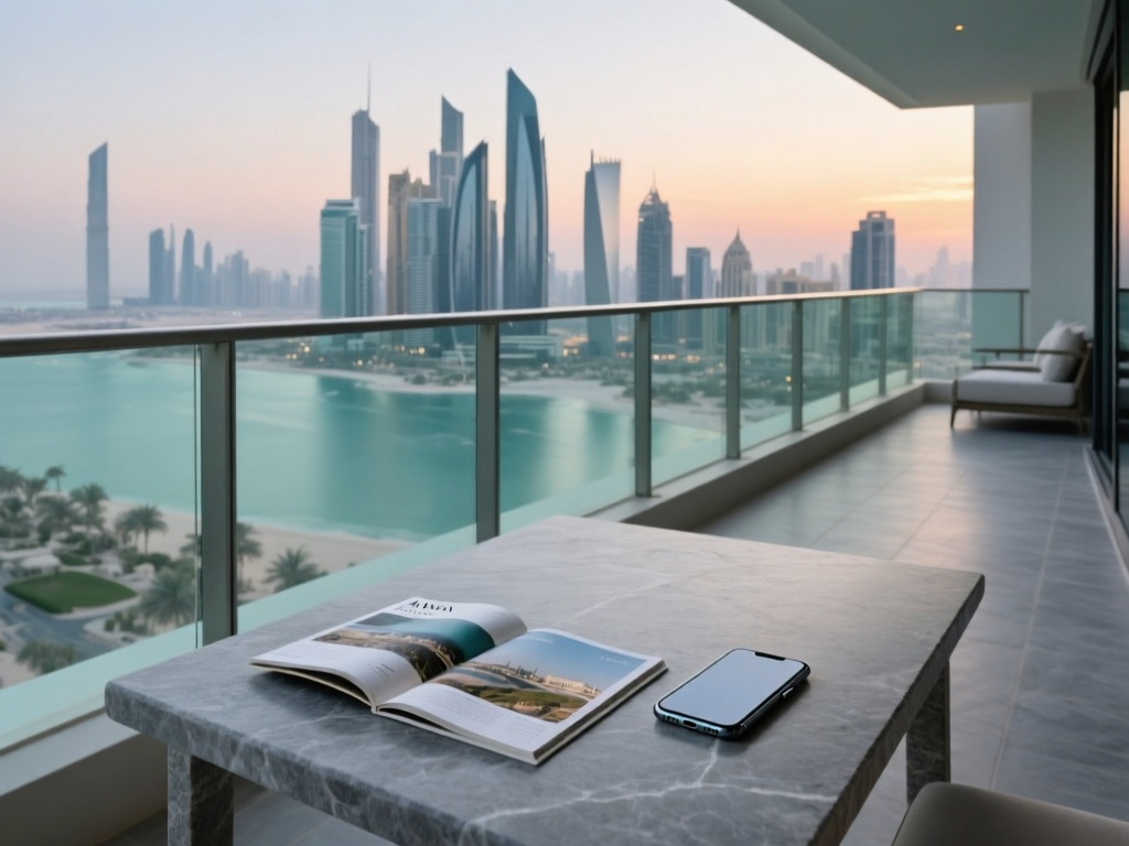 High-rise penthouse balcony with glass railing overlooking the Al Maryah Island financial district in Abu Dhabi at twilight.