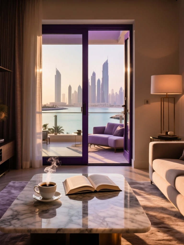 A calm, sunlit luxury apartment interior in the Corniche area of Abu Dhabi.
