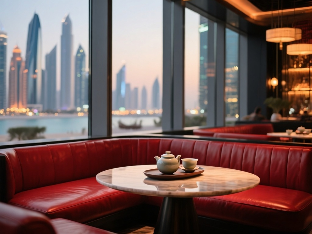 Modern interior of a luxury tea lounge in Al Zahiya, Abu Dhabi, featuring graphite and scarlet decor.