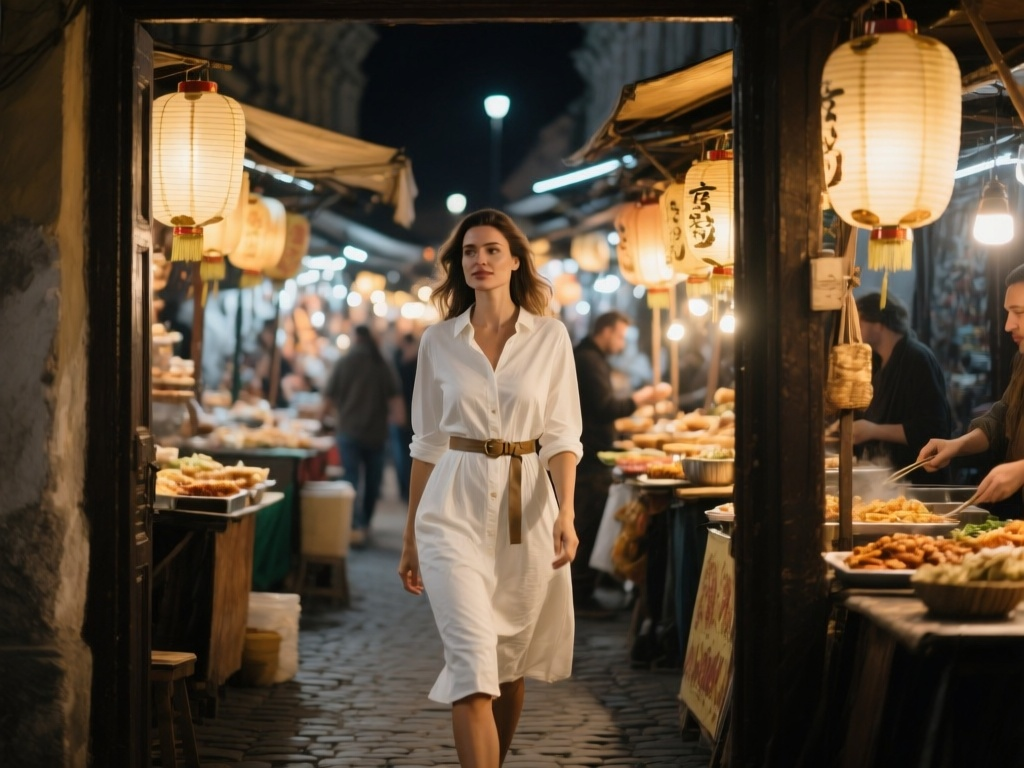 Alluring young woman in a white shirt dress walking through a warm, lantern-lit market in Podil, Kiev.