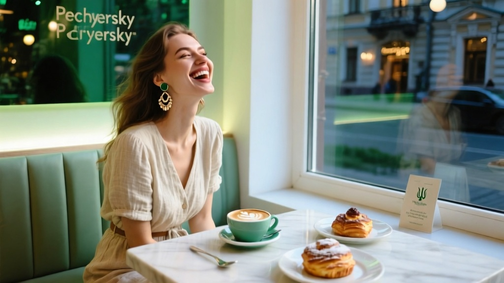 Candid portrait of an elegant woman in a linen co-ord at a bright Kiev cafe window seat.