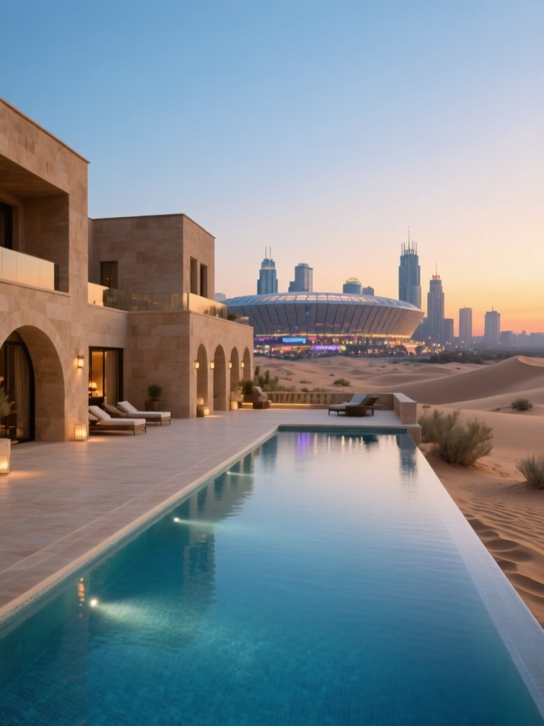 Sophisticated sandstone terrace architecture with a pool edge overlooking the Kiev nightlife district at sunset.