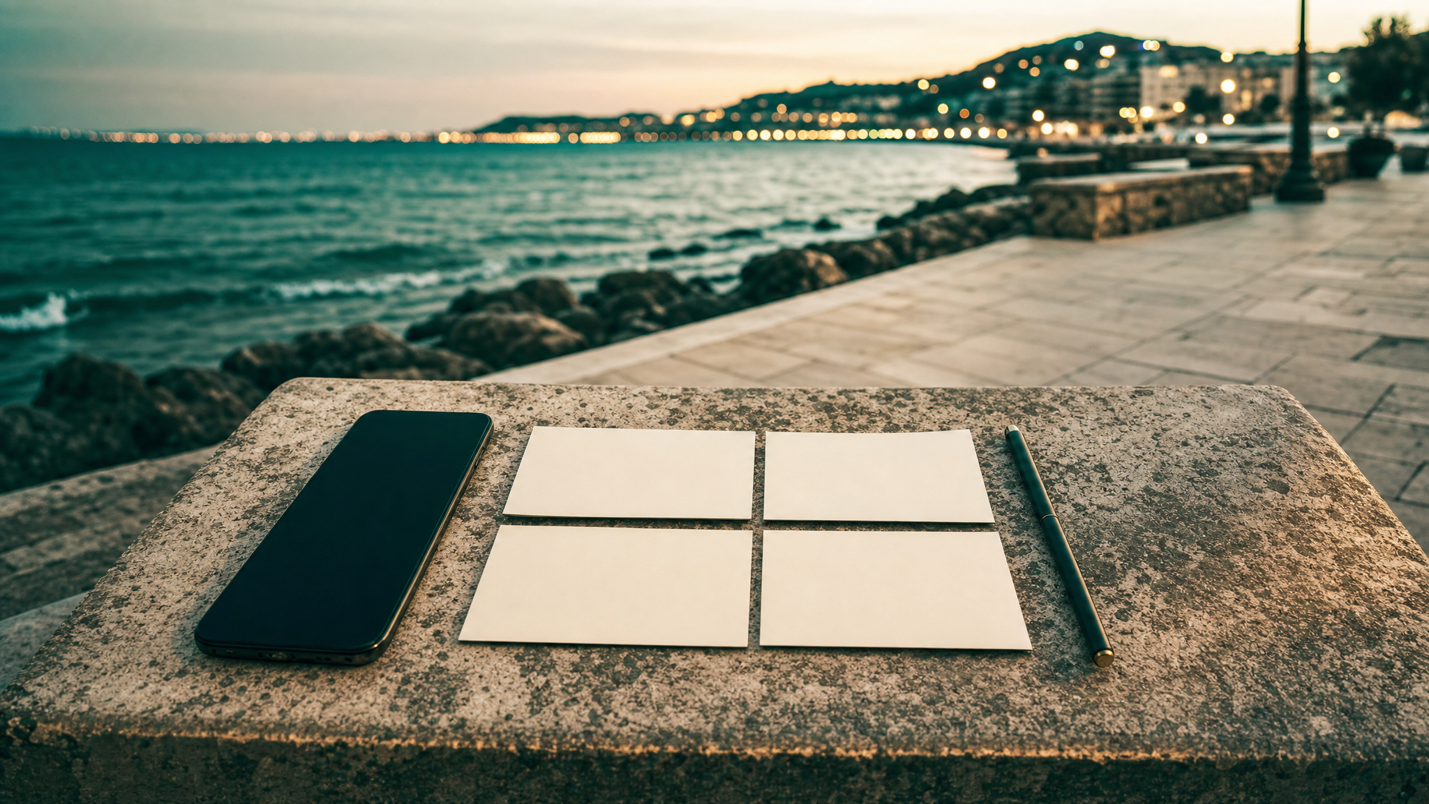 Phone and four blank planning cards on an empty coastal promenade bench