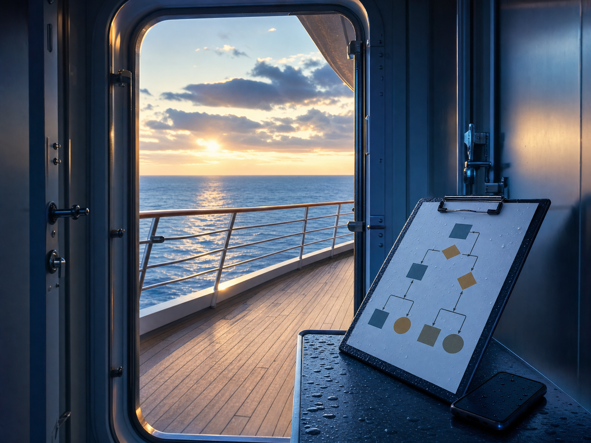 Blank branching decision cards and a phone on an empty cruise deck