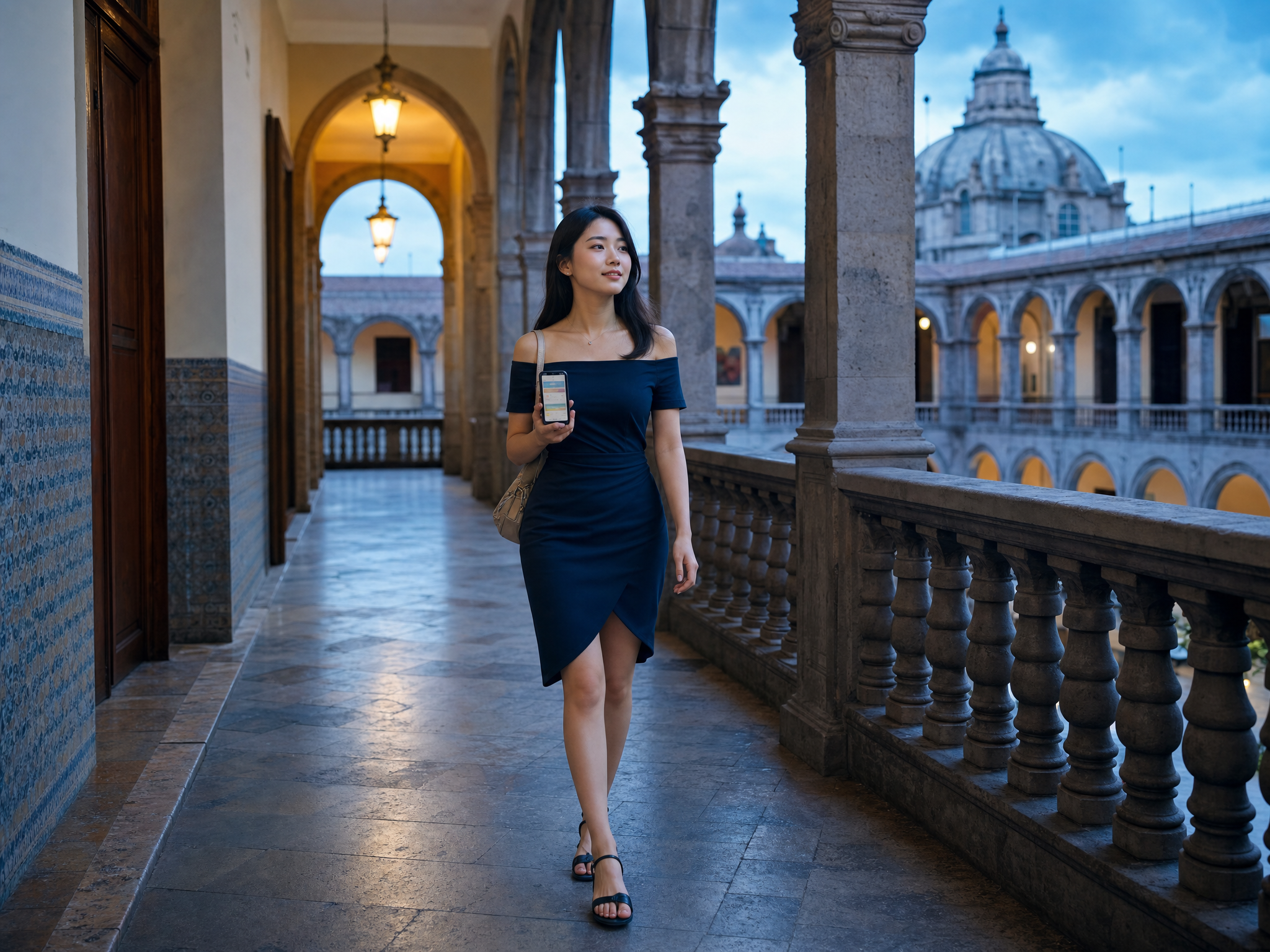 Woman walking through a Lima stone-arch courtyard while checking abstract phone filter icons