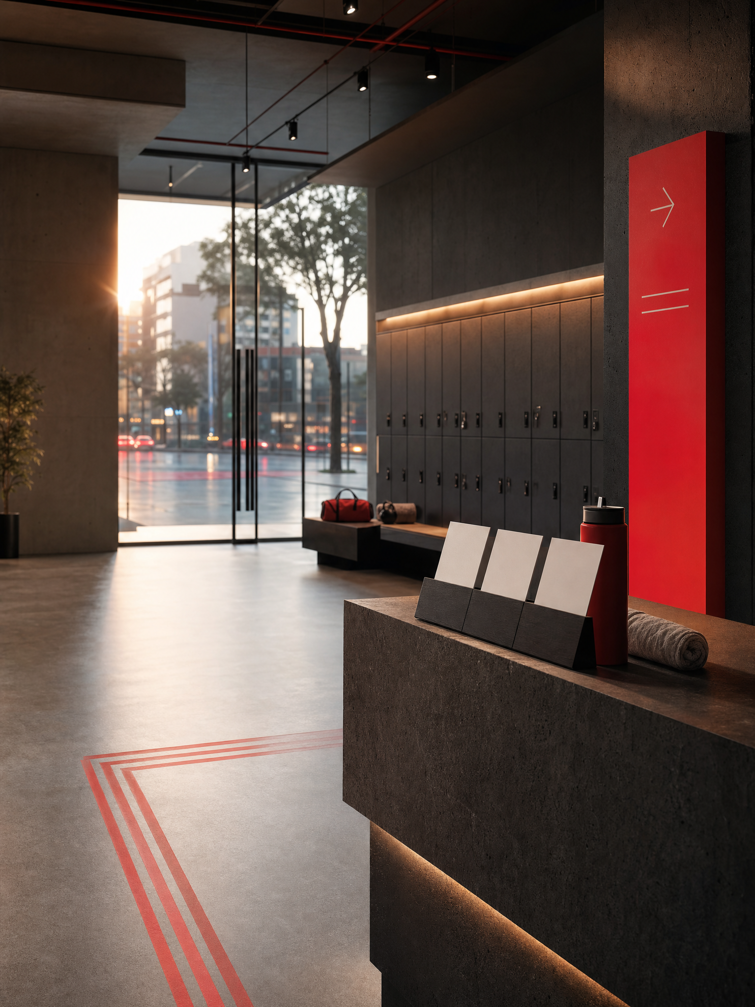 Modern Lima wellness lobby with three unmarked route cards arranged as a shortlist