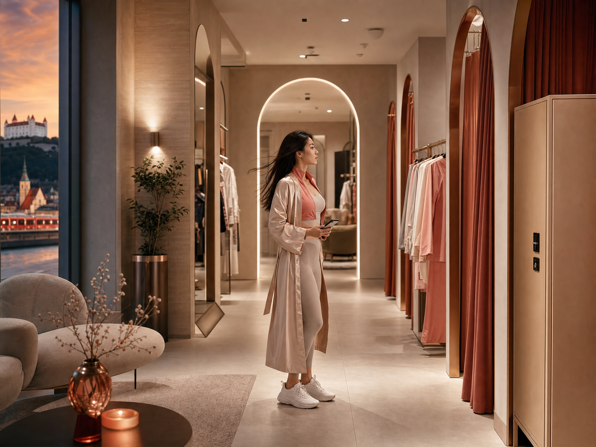 Woman in a Bratislava wellness-lobby boutique reviewing a phone while privacy details stay concealed.
