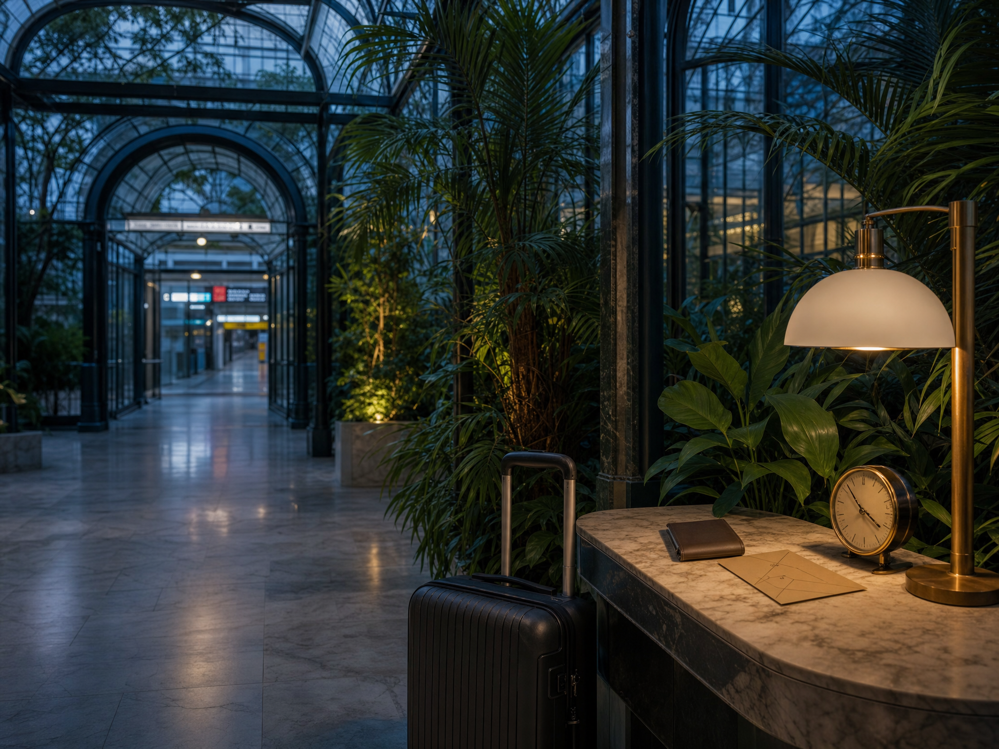 Empty Tokyo conservatory corridor with luggage and route-planning objects for an arrival-day schedule.