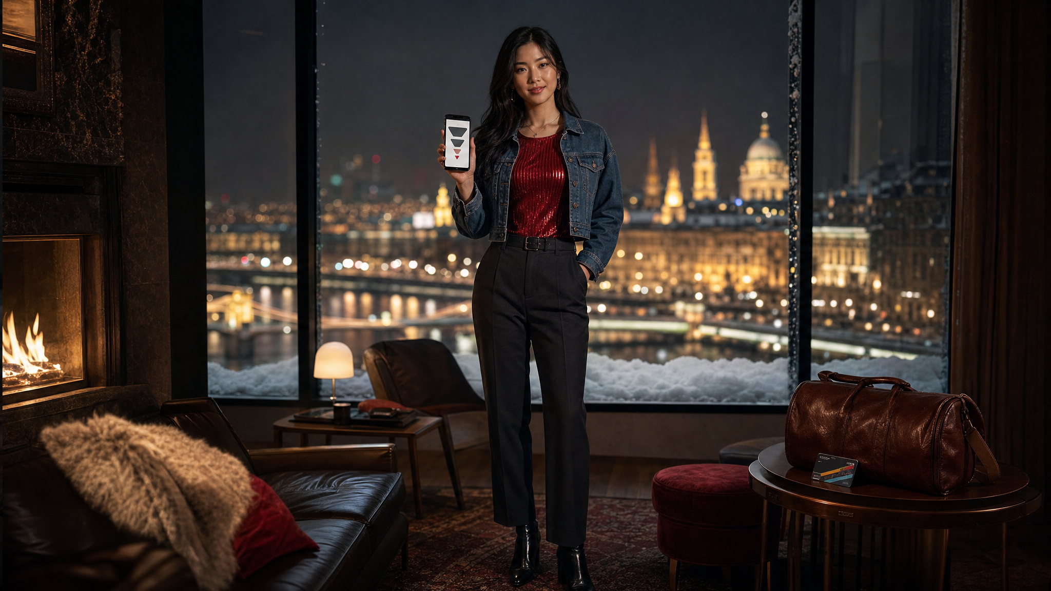 Woman in a Budapest fireplace lounge reviewing an abstract sequence of broad-to-narrow phone filters.