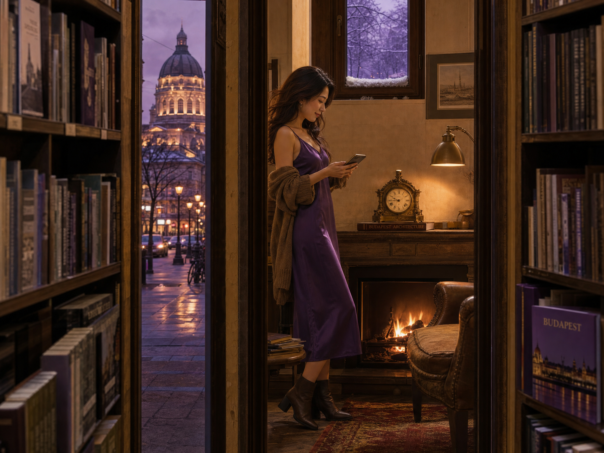 Woman in a Budapest bookstore lounge checking abstract time blocks on her phone beside a brass clock.