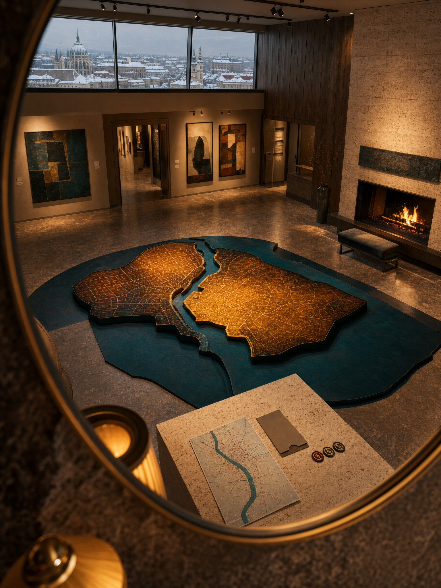 High-angle Budapest gallery installation with abstract connected area zones, transit map, and hotel planning details.