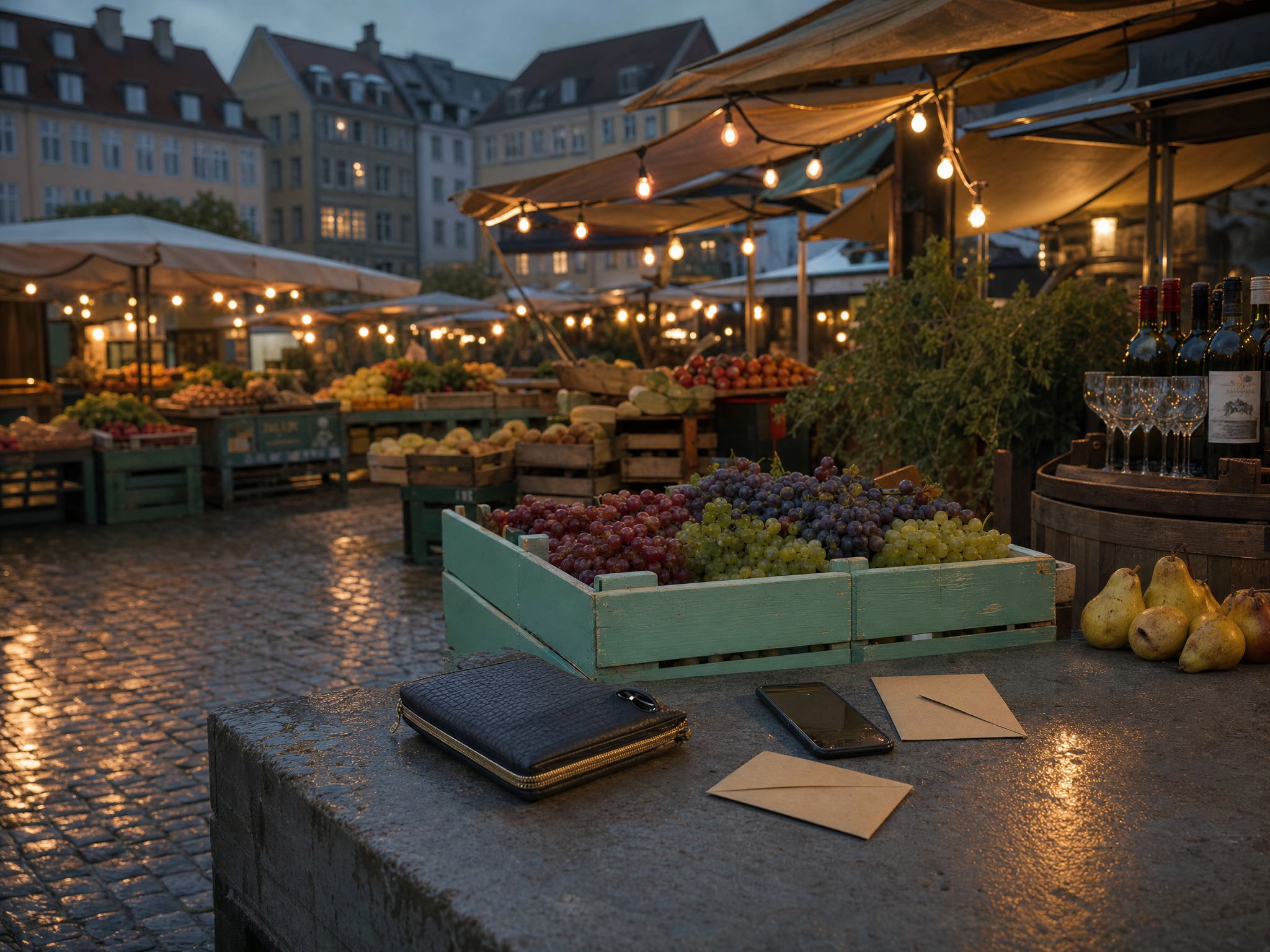 A privacy pouch, face-down phone, and separate envelopes on a Copenhagen market counter.