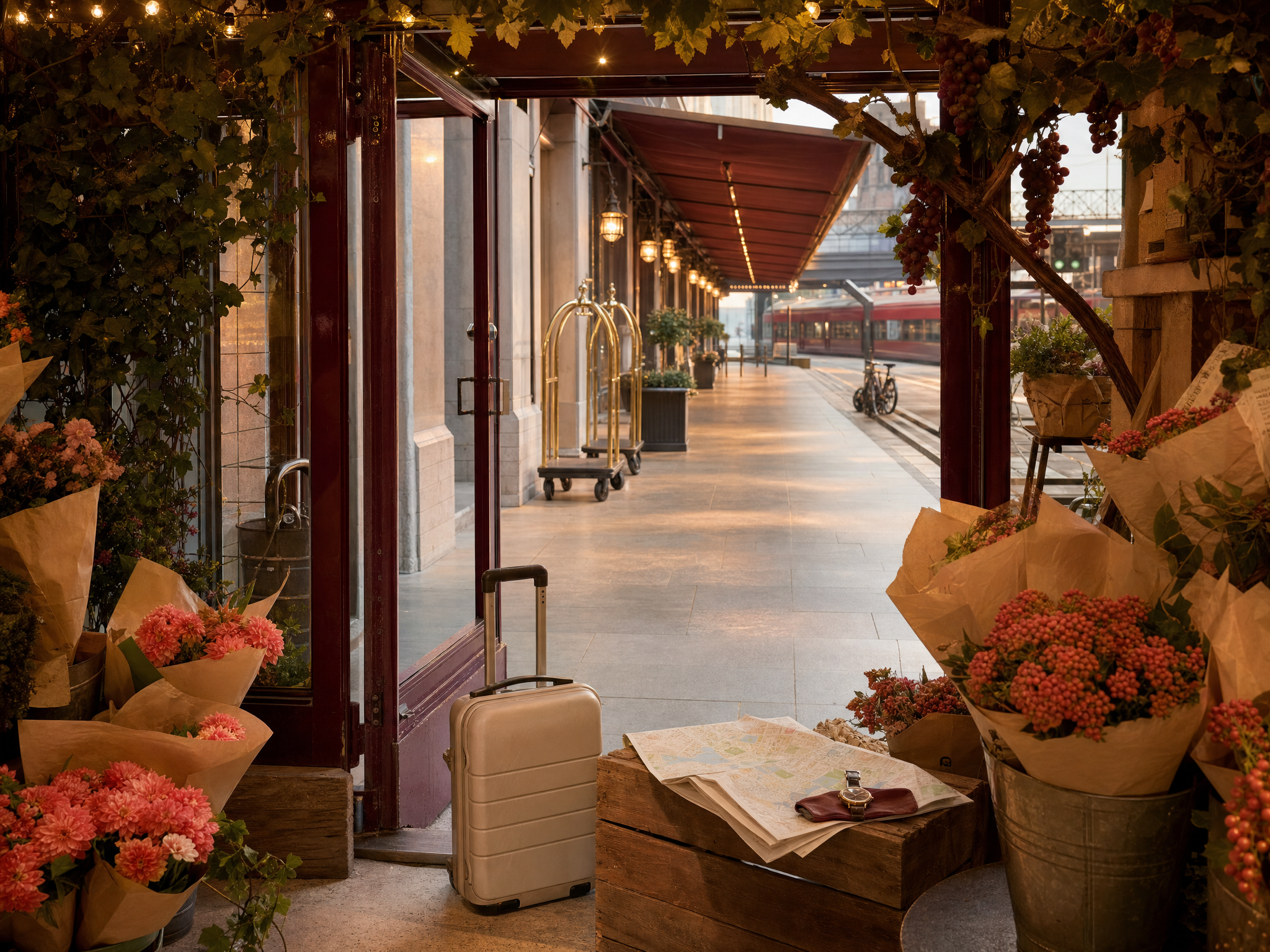 A small suitcase and folded route map beside flowers at a Copenhagen market stall.