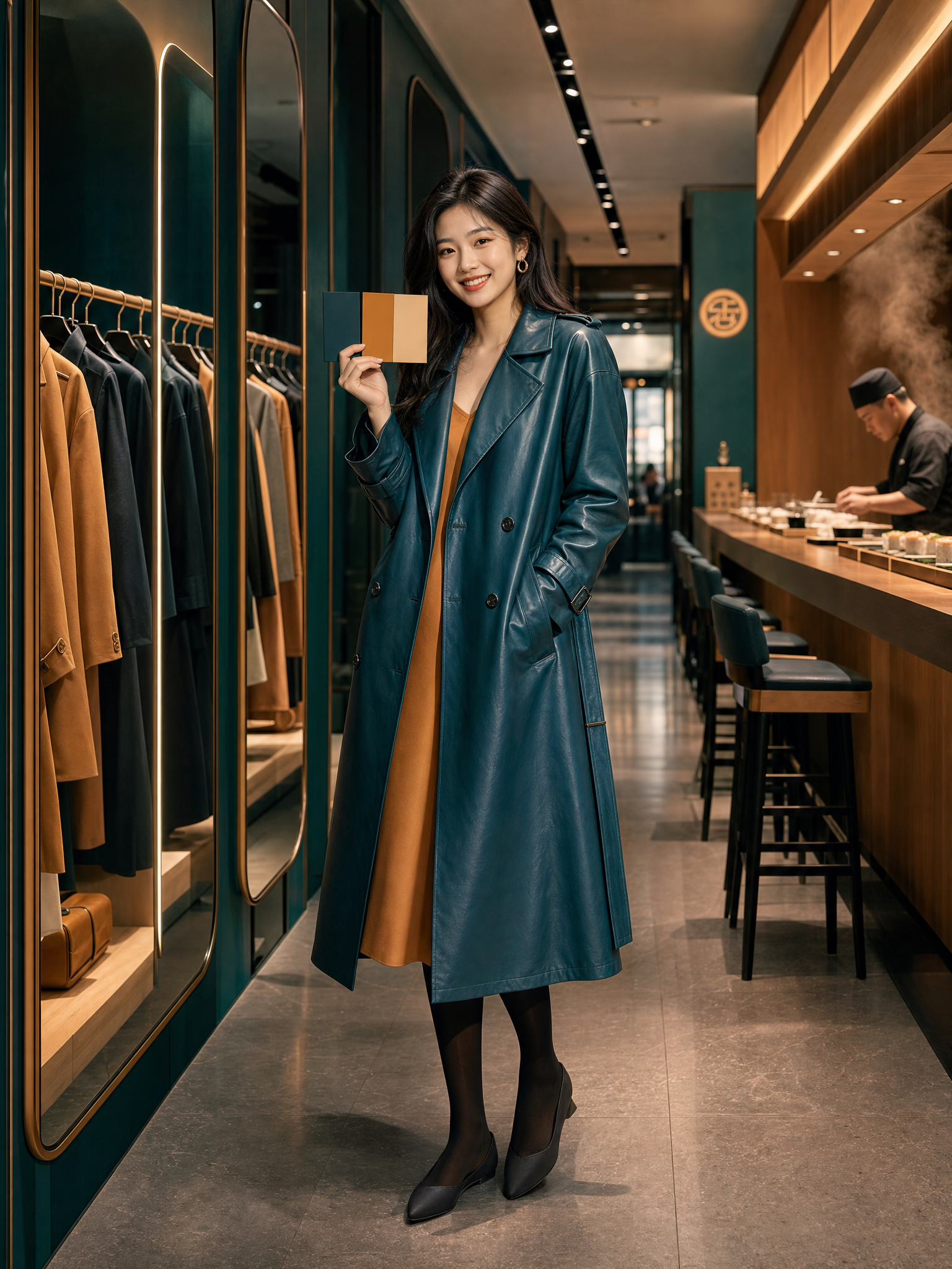 Adult woman in a Beijing boutique comparing three simple color-coded city, area, and category cards