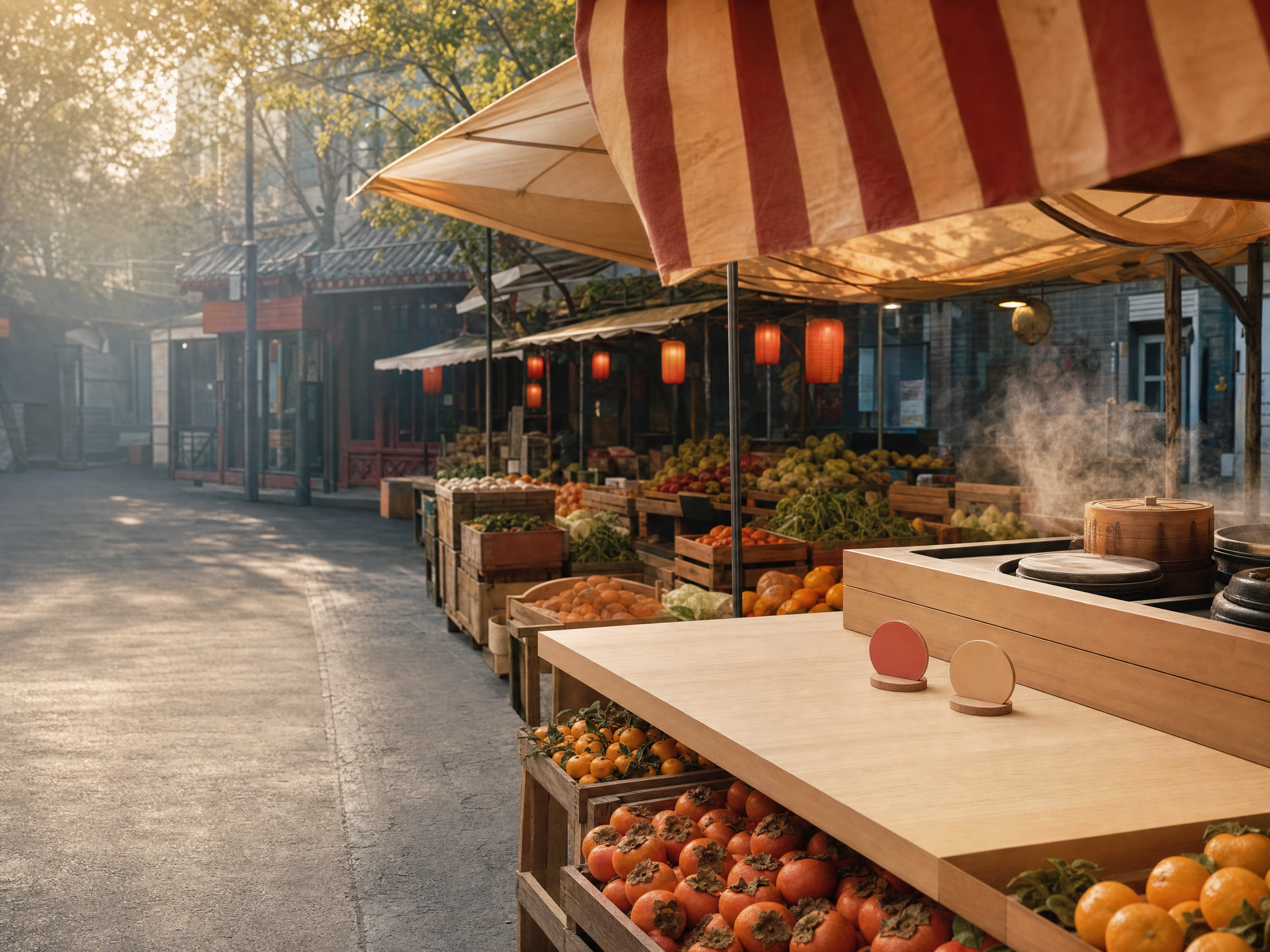 Beijing market counter with fruit crates and two simple unmarked selection tokens