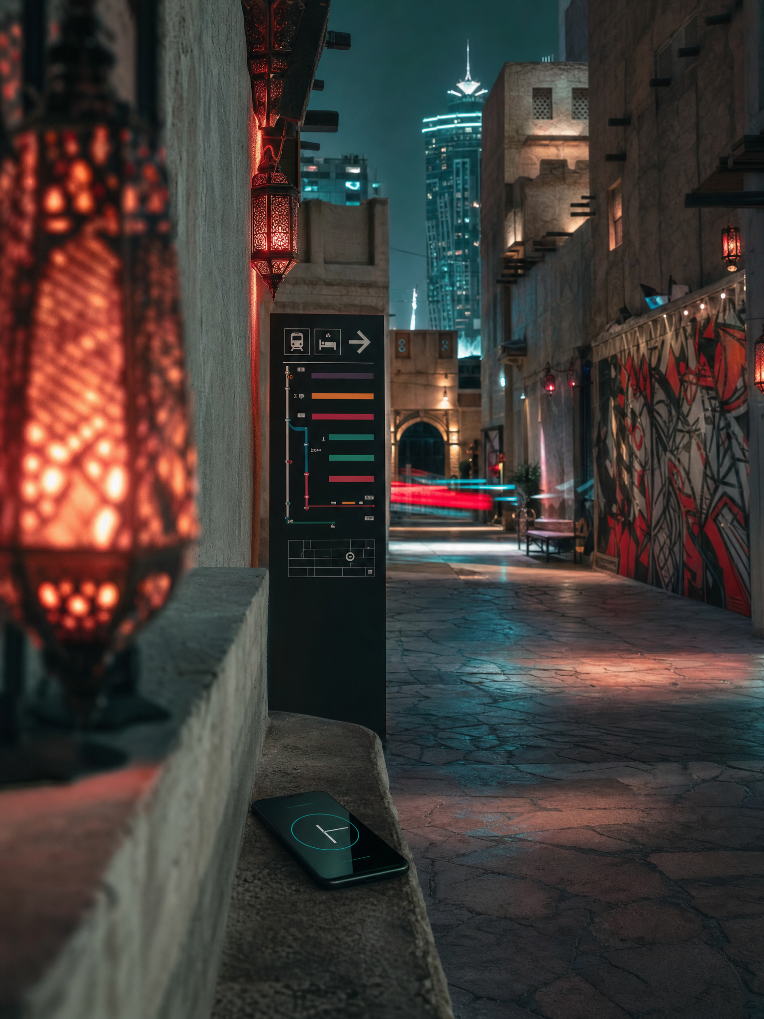 Abstract Dubai route and timing cues in a lantern-lit old-town nightlife alley.