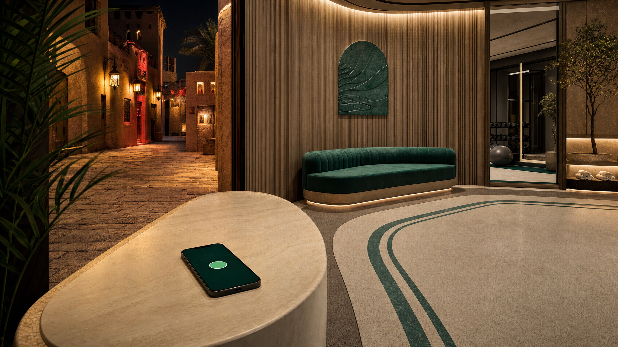 A single phone action displayed in a refined Dubai wellness-lobby setting.