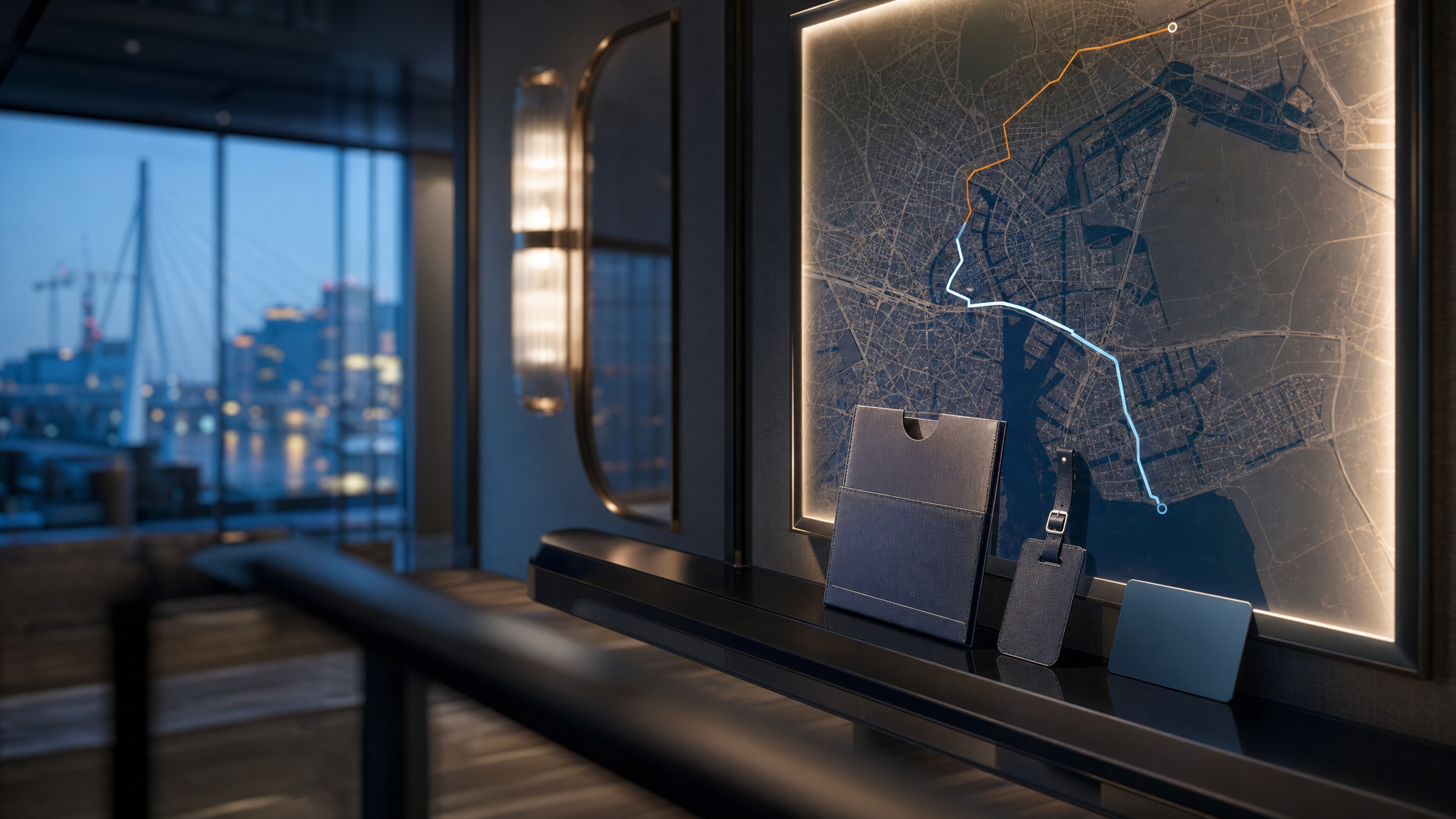 Abstract Rotterdam area map and travel items arranged in a hotel corridor lounge