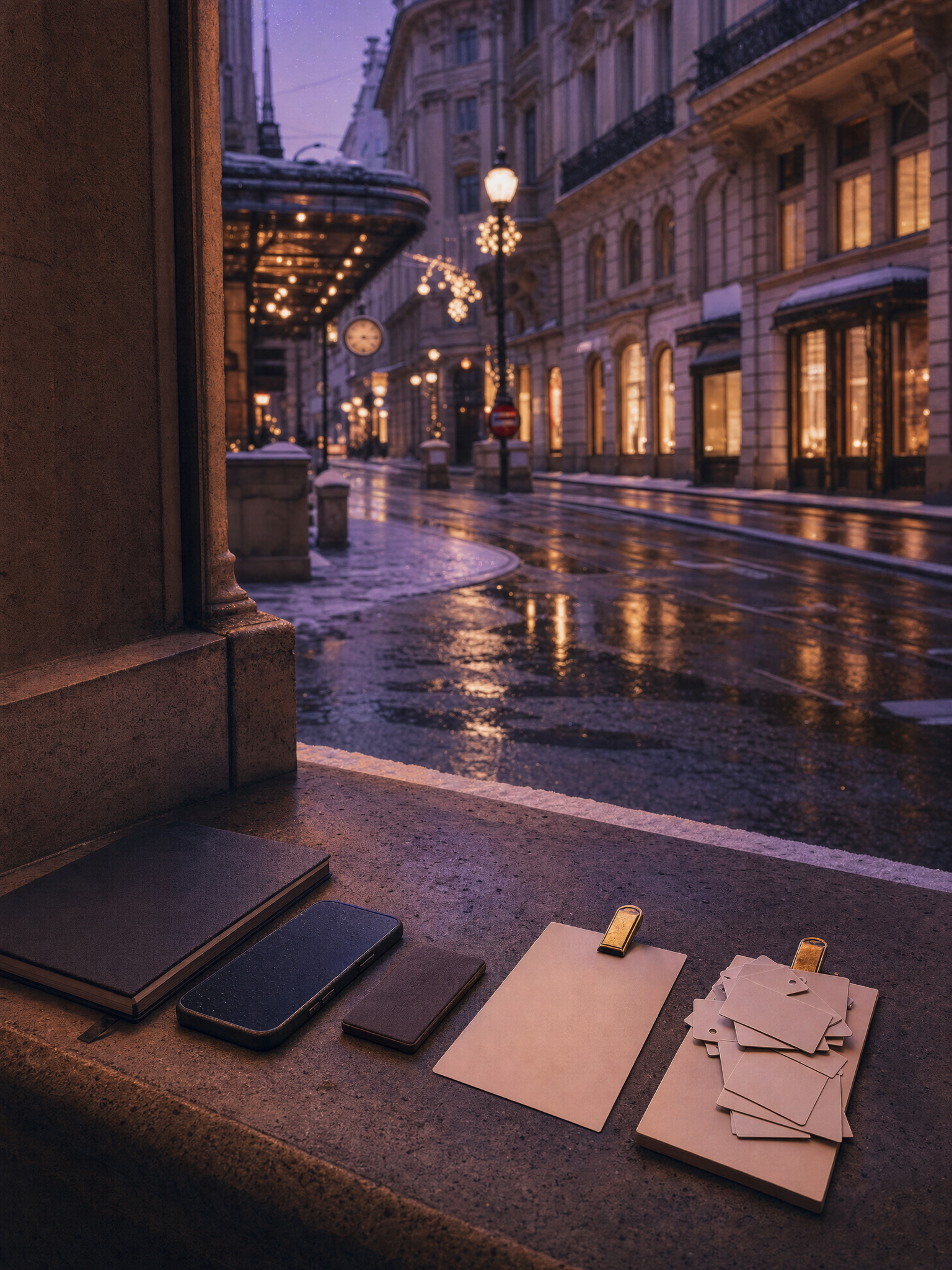 Unlabeled comparison cards and a phone on a rainy Vienna street bench, showing clear terms versus layered demands.