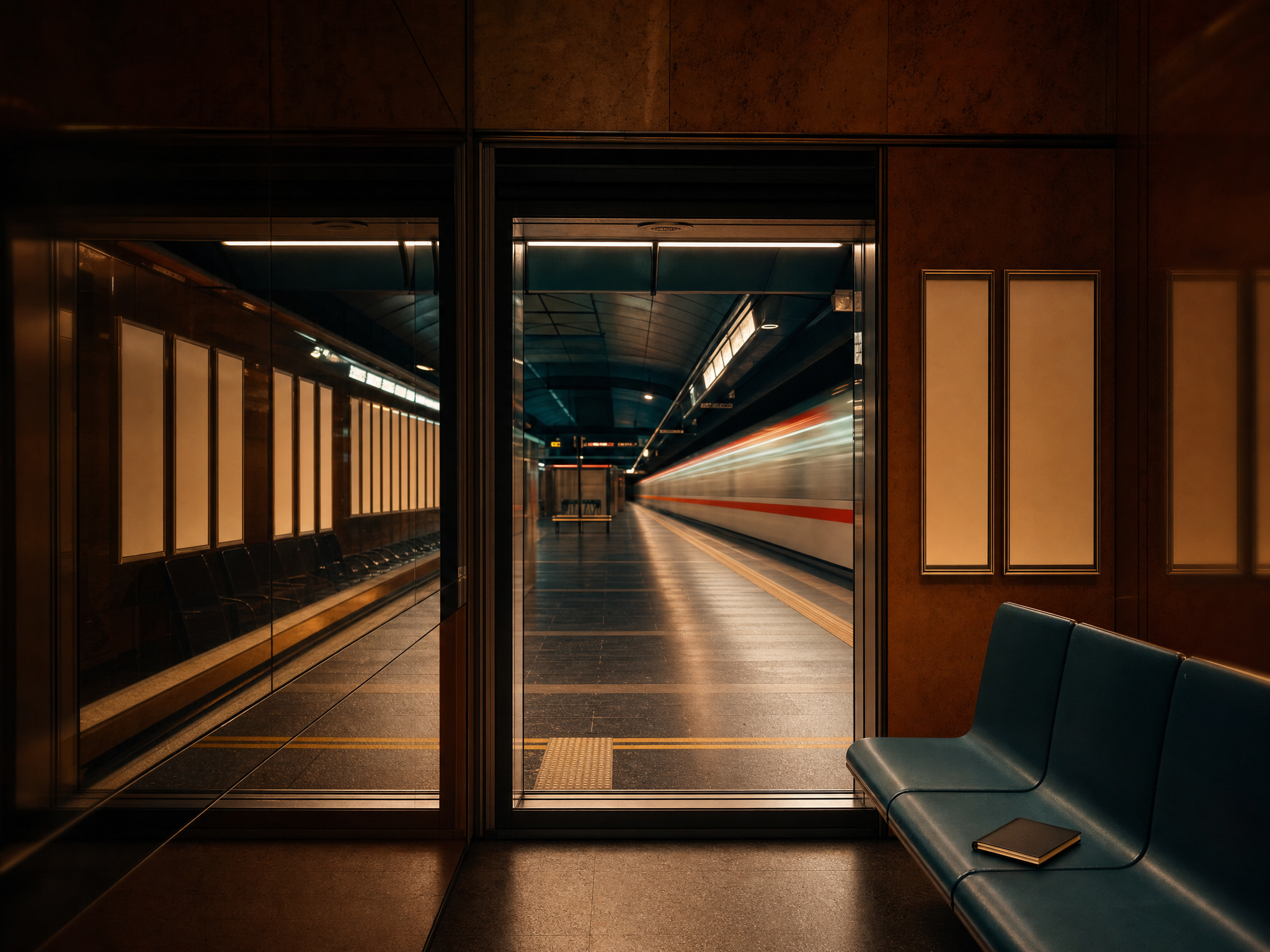 Empty Vienna subway platform with orderly blank information panels and a passing train.