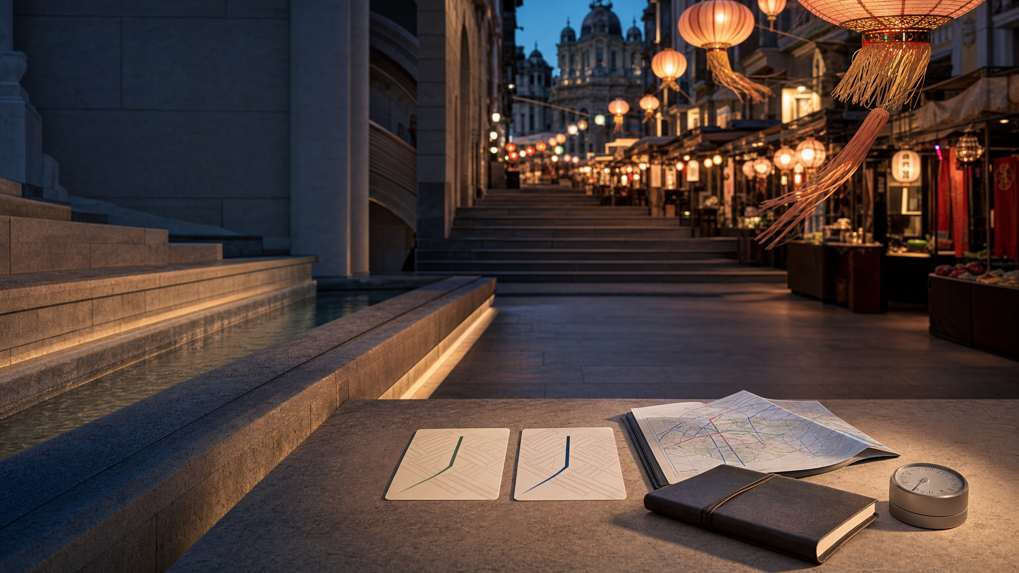 Barcelona-inspired sandstone terrace with lantern-lit market stalls, route cards, and a transit diagram illustrating narrow versus broad search filters