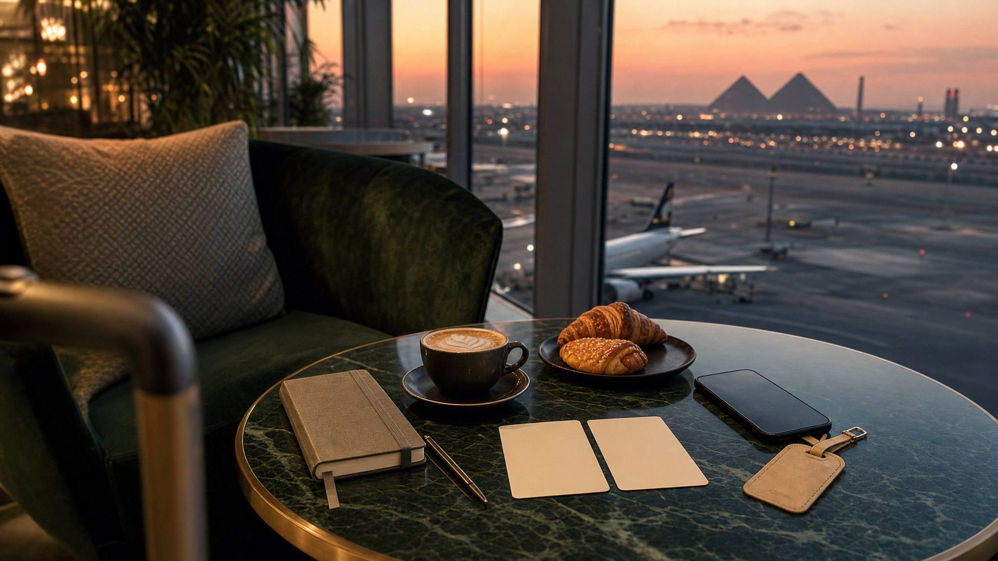 Two discreet message-planning cards and a closed phone in a Cairo airport lounge