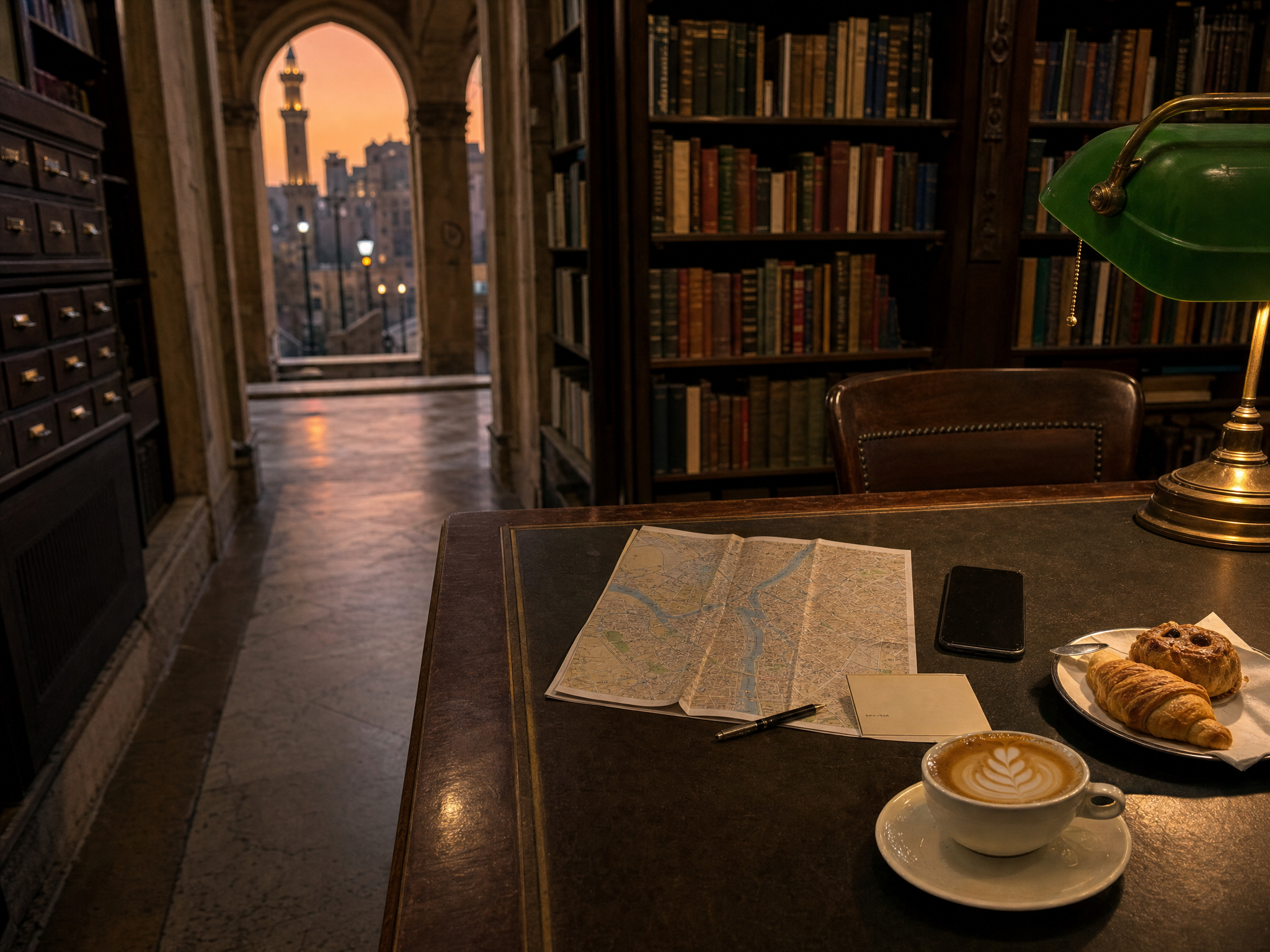 Adult woman reviewing an unmarked Cairo area map beside practical listing notes