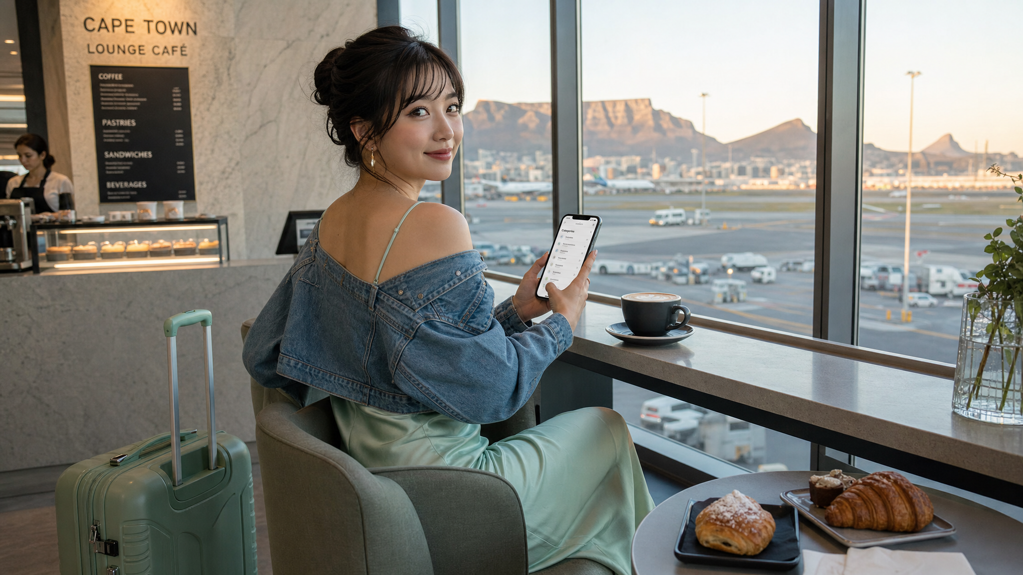 Woman comparing category filters and recent updates on a phone in a Cape Town airport lounge café
