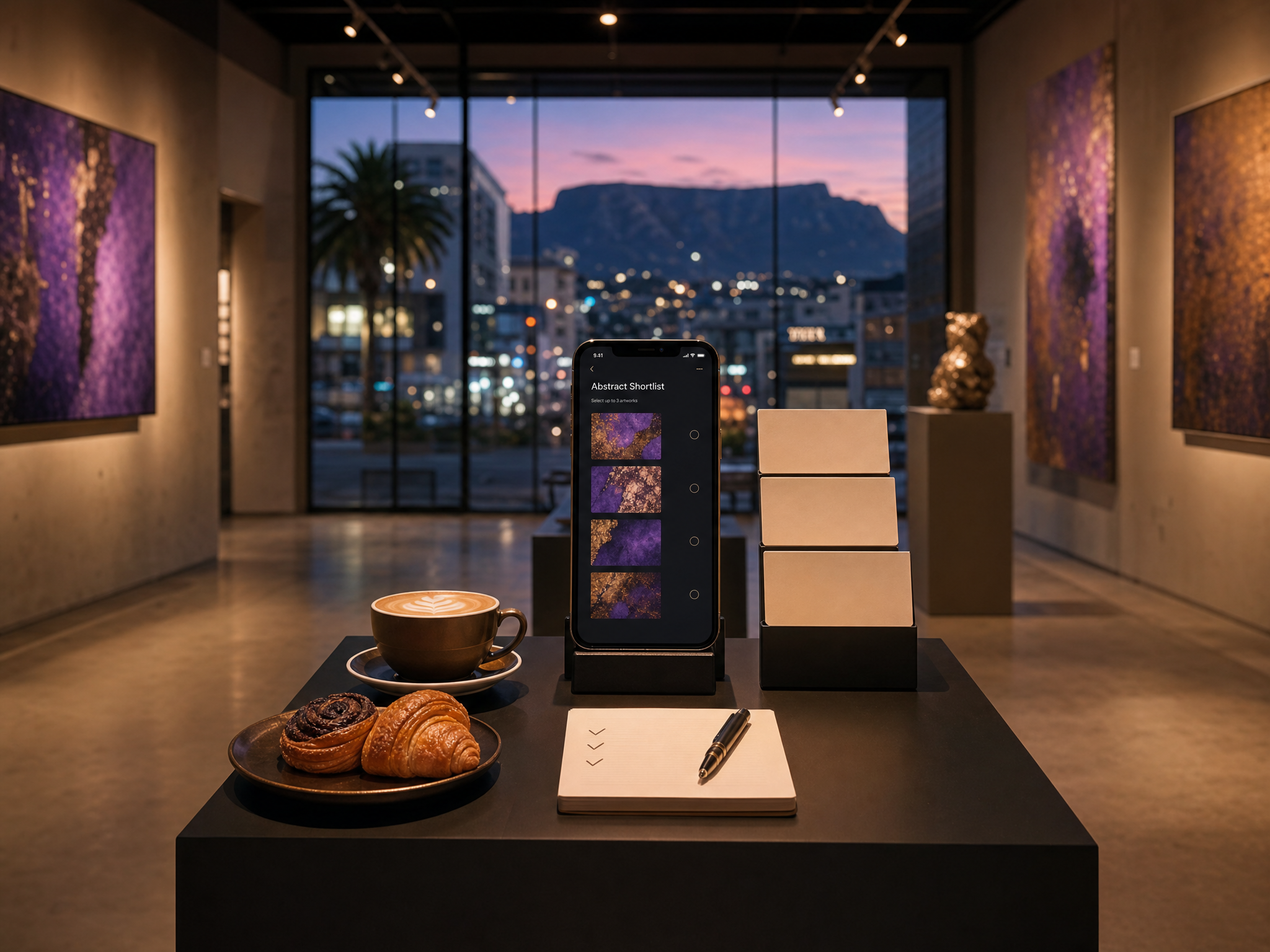 Phone shortlist, selection cards and coffee arranged in a Cape Town gallery café