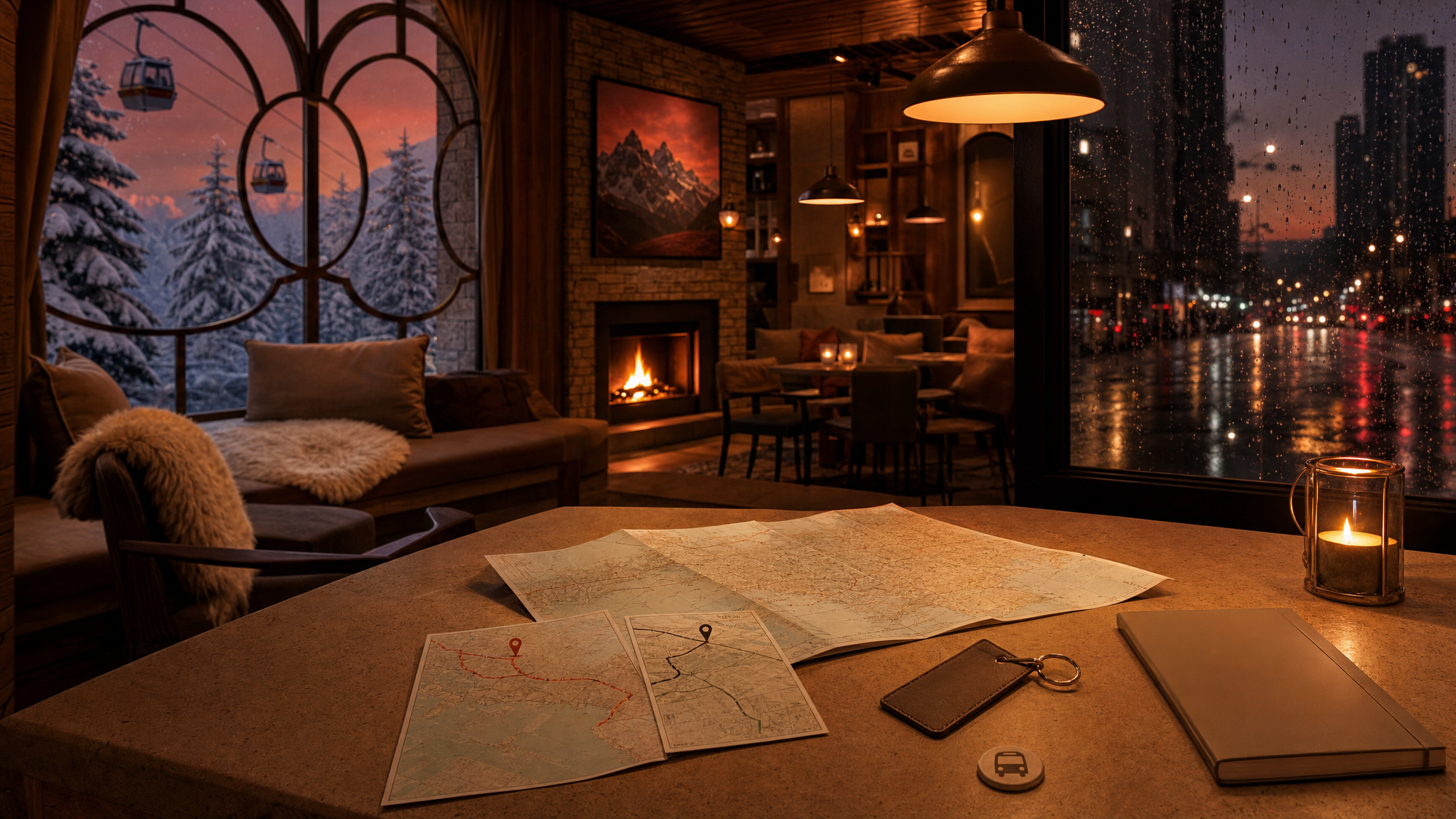 Karachi area map and route cards arranged in a warm fireplace cafe setting
