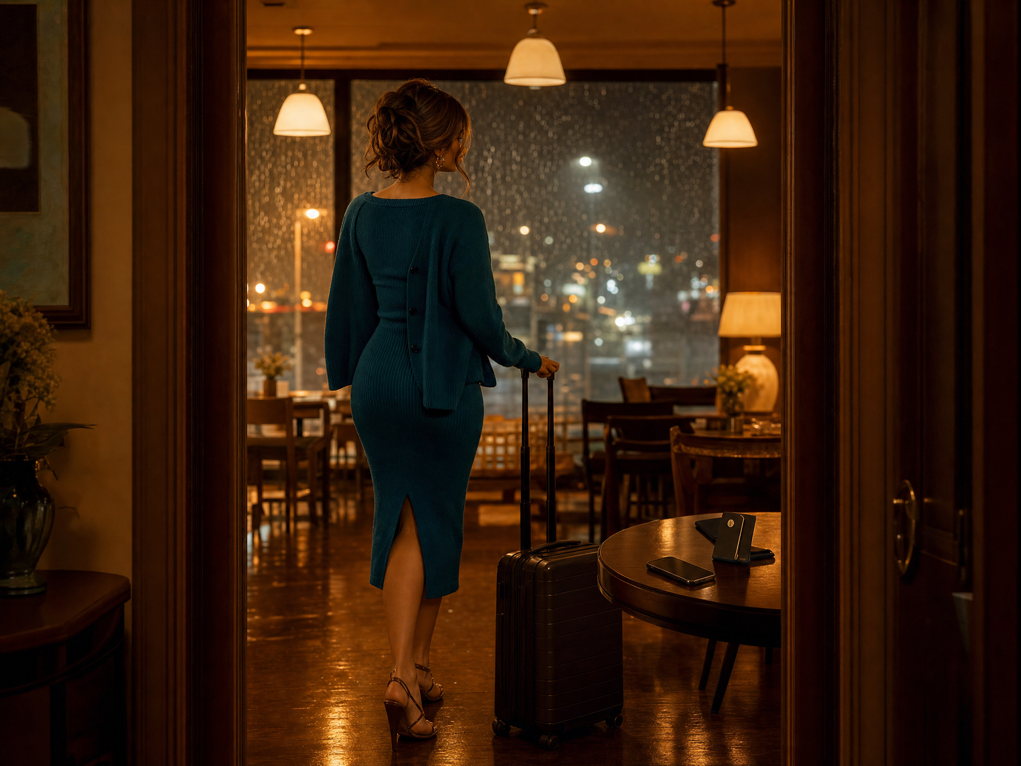 Woman with carry-on luggage pauses in a warm Karachi cafe while waiting through a late room handover