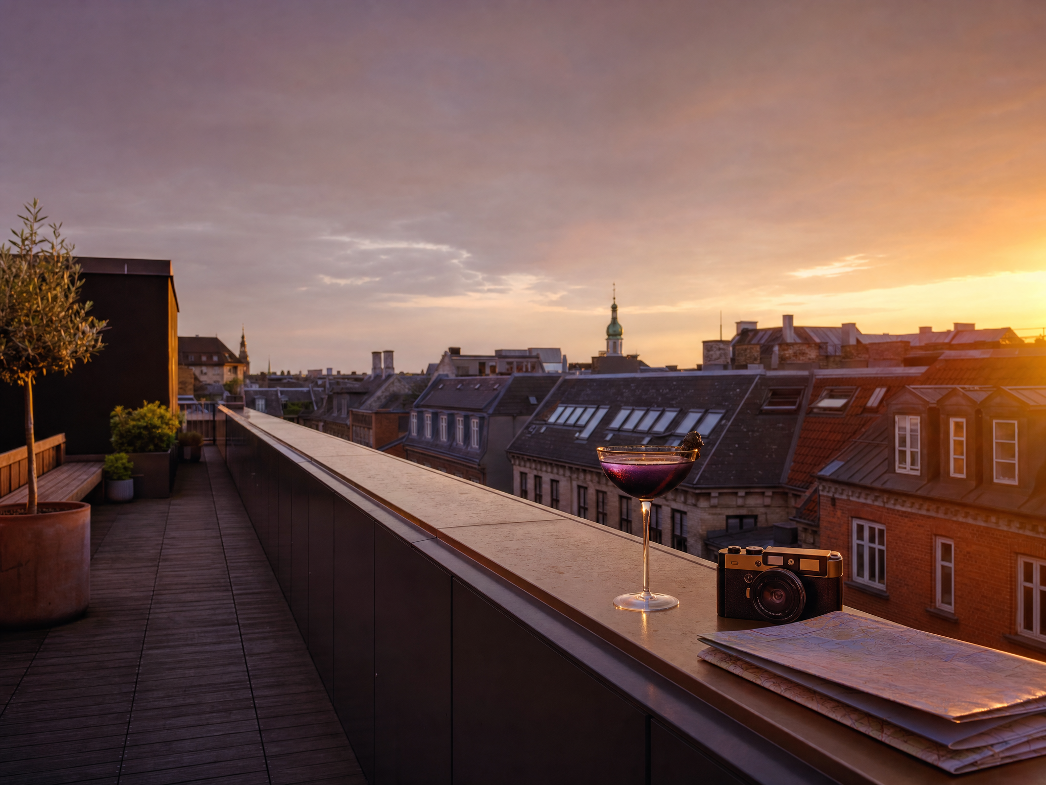 Empty Copenhagen rooftop terrace with a camera, cocktail, and transit map