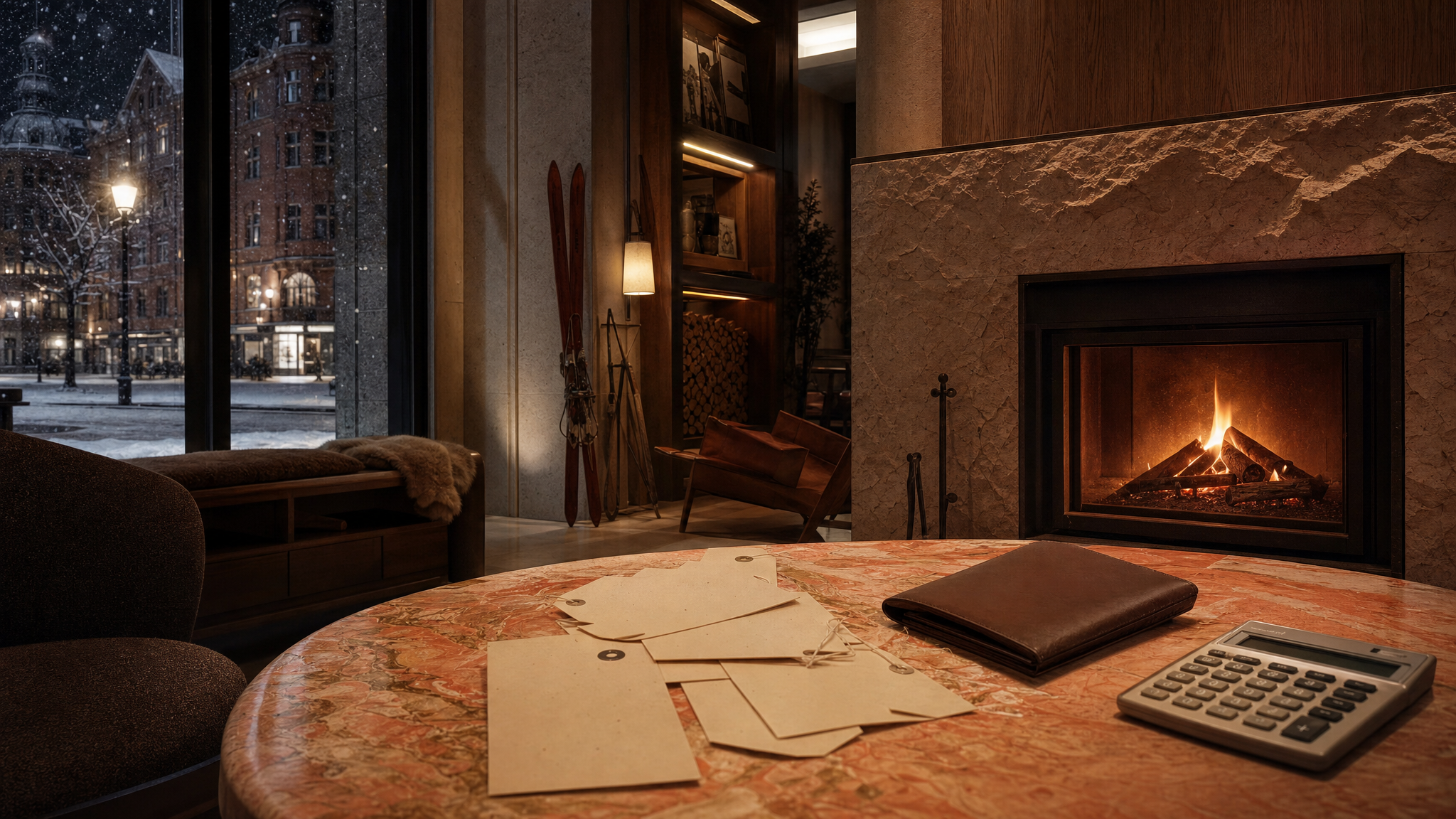 Empty Copenhagen fireplace lounge with blank fee envelopes on a marble table