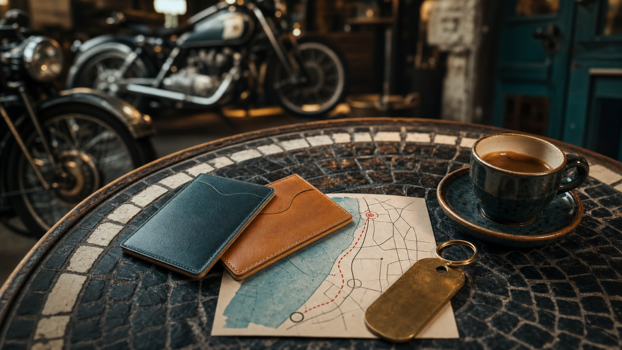 Comparison cards and route map on a motorcycle cafe garage table in Tel Aviv
