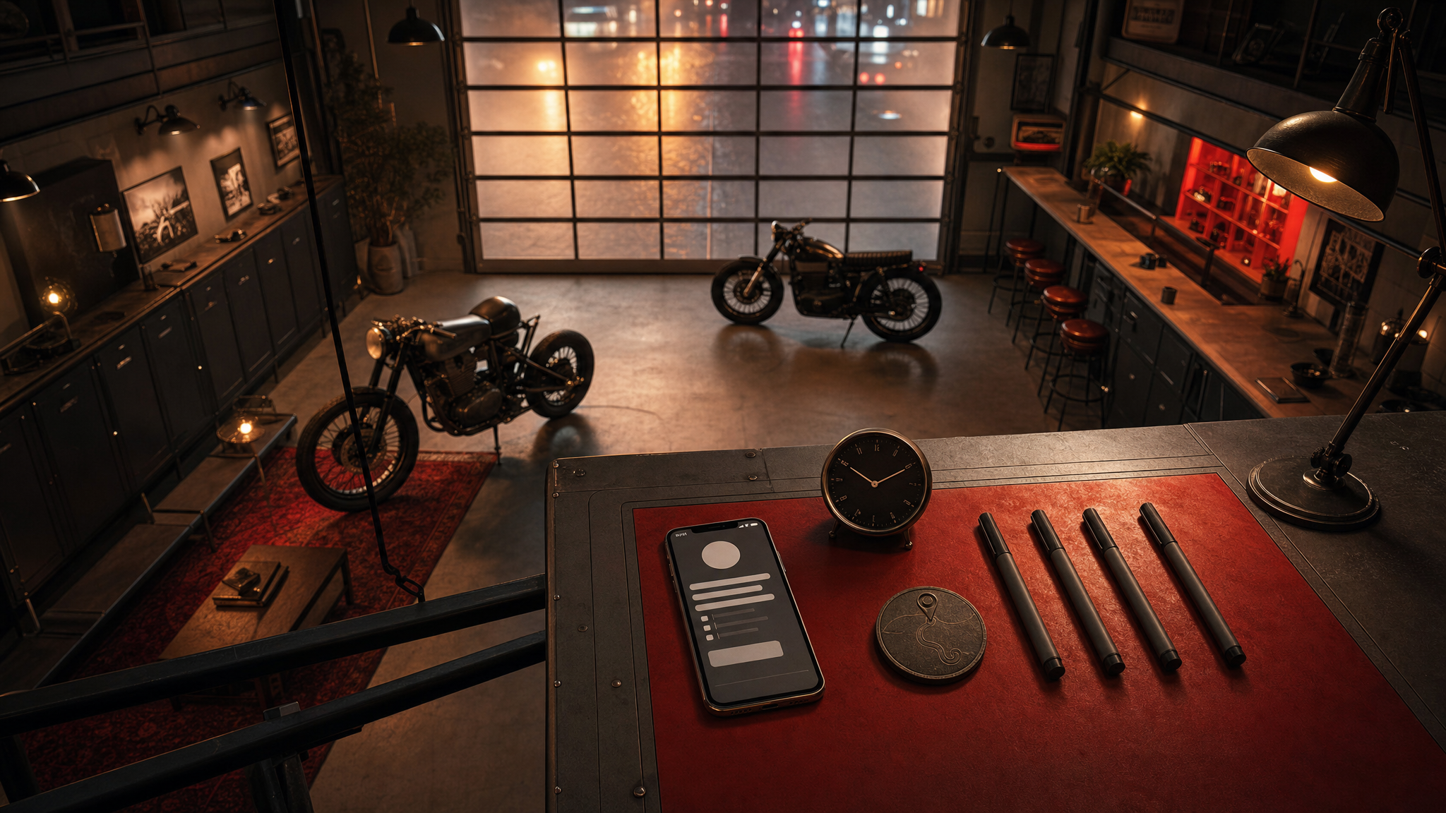 Profile planning objects on a desk inside an empty Tel Aviv motorcycle cafe garage