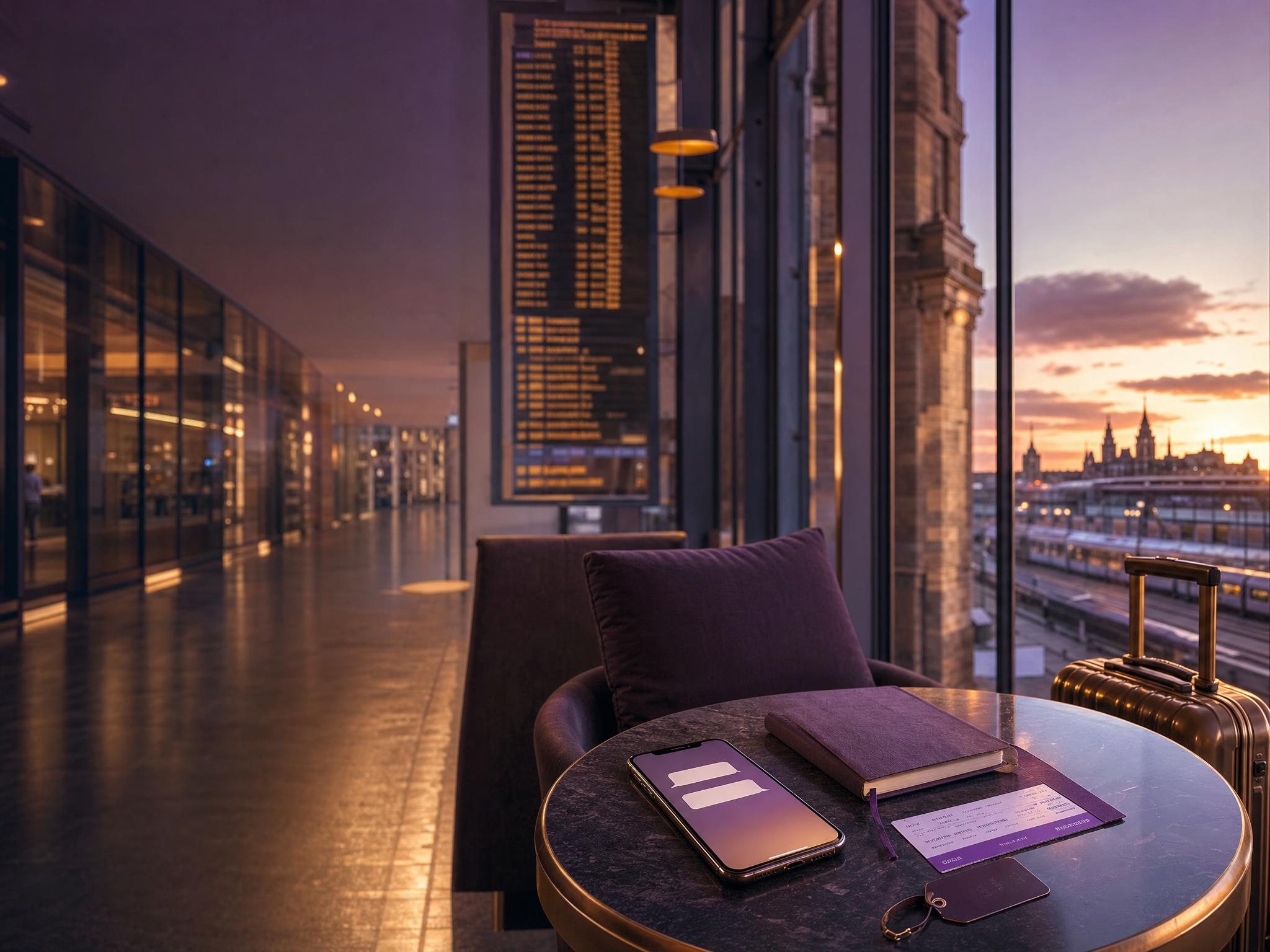 Concise message planning items with Amsterdam transit cues in a premium travel lounge.