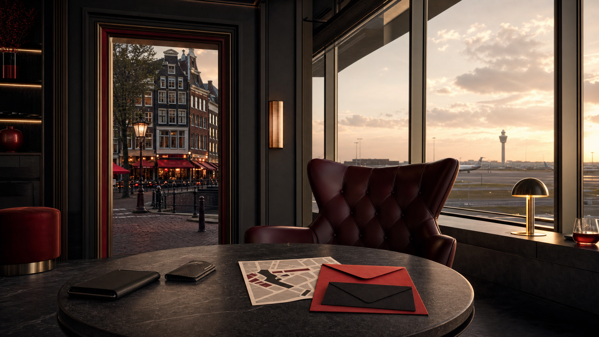 Private travel-planning objects with broad Amsterdam area cues in an empty lounge setting.