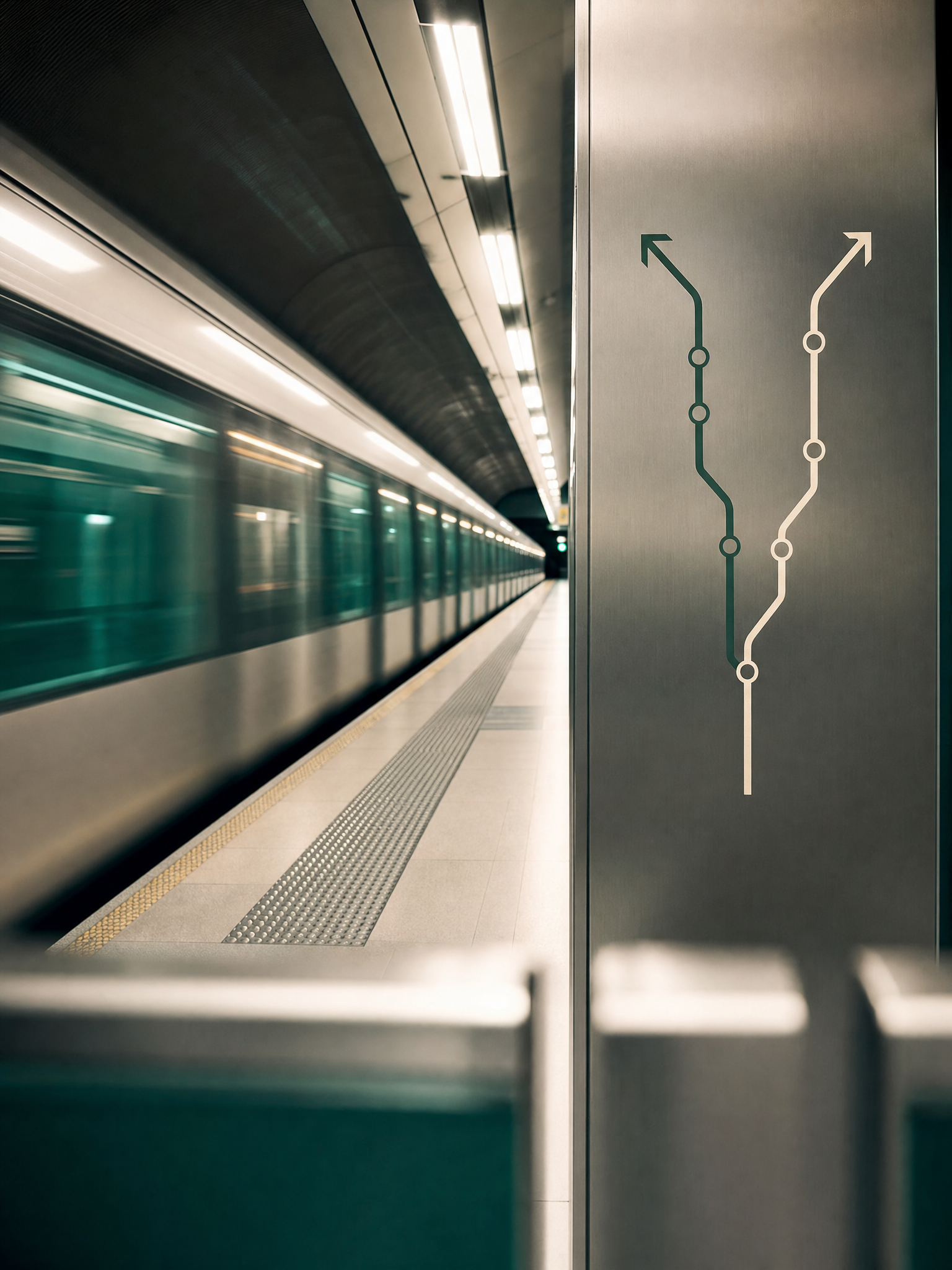 Empty Sydney subway platform with a train in motion and a two-direction route graphic.