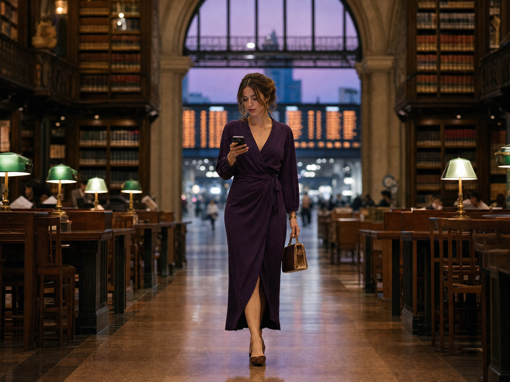 Adult woman reviewing an unreadable phone beside green lamps in a historic Buenos Aires station reading room