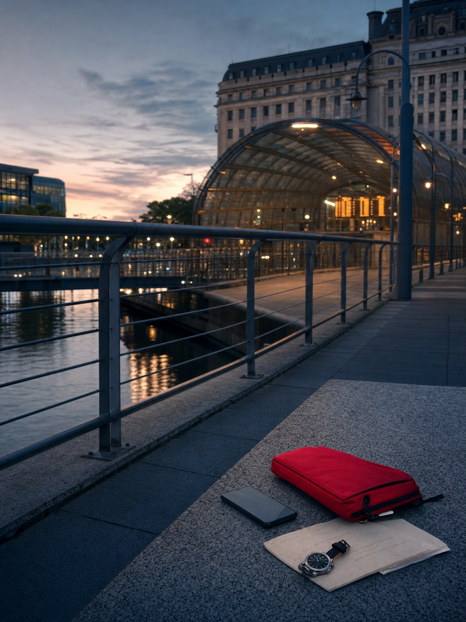 Facedown phone and closed travel pouch on a Puerto Madero walkway at blue hour