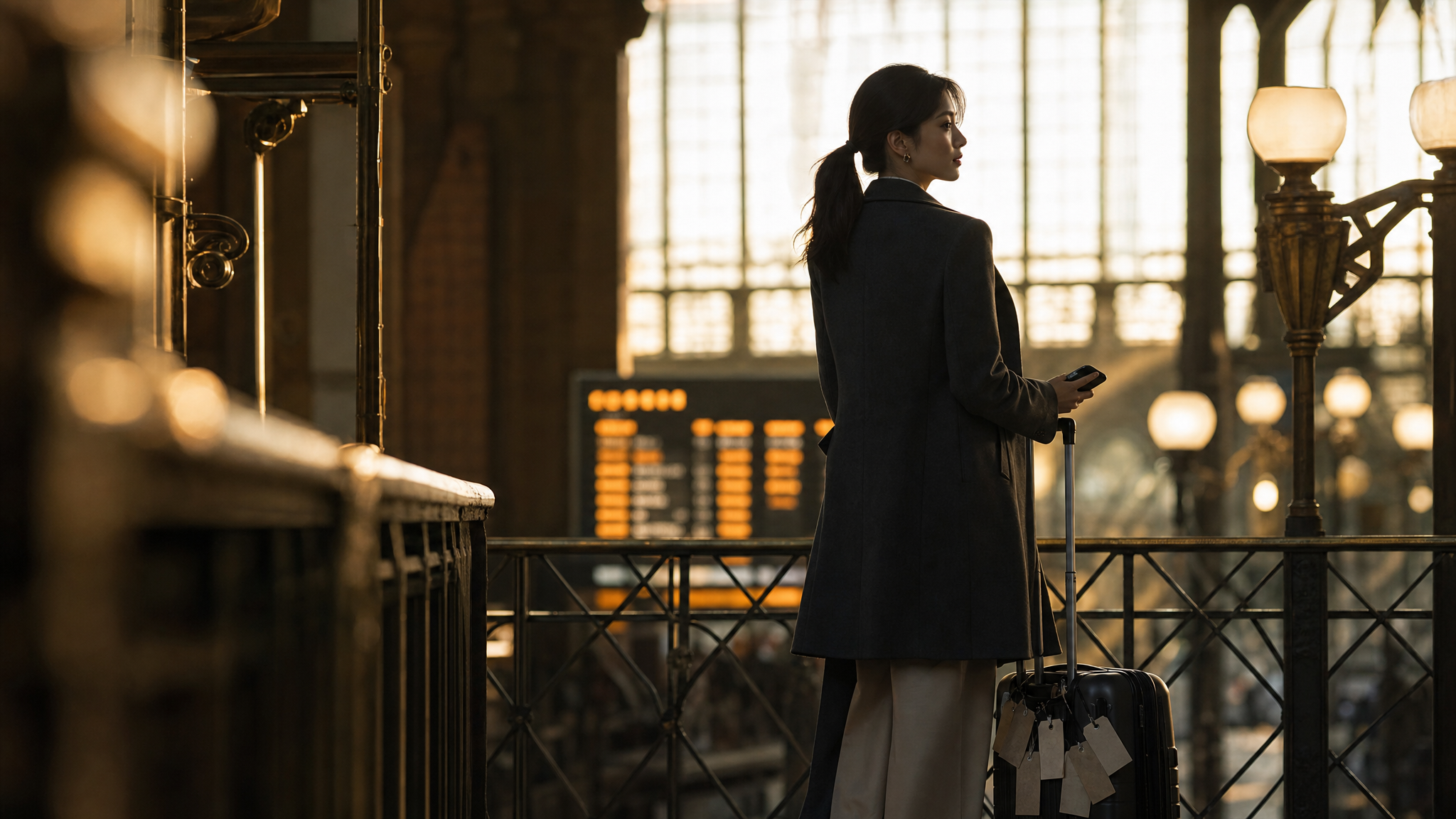 Adult traveler with a closed phone and luggage tags on a softly lit Buenos Aires station platform