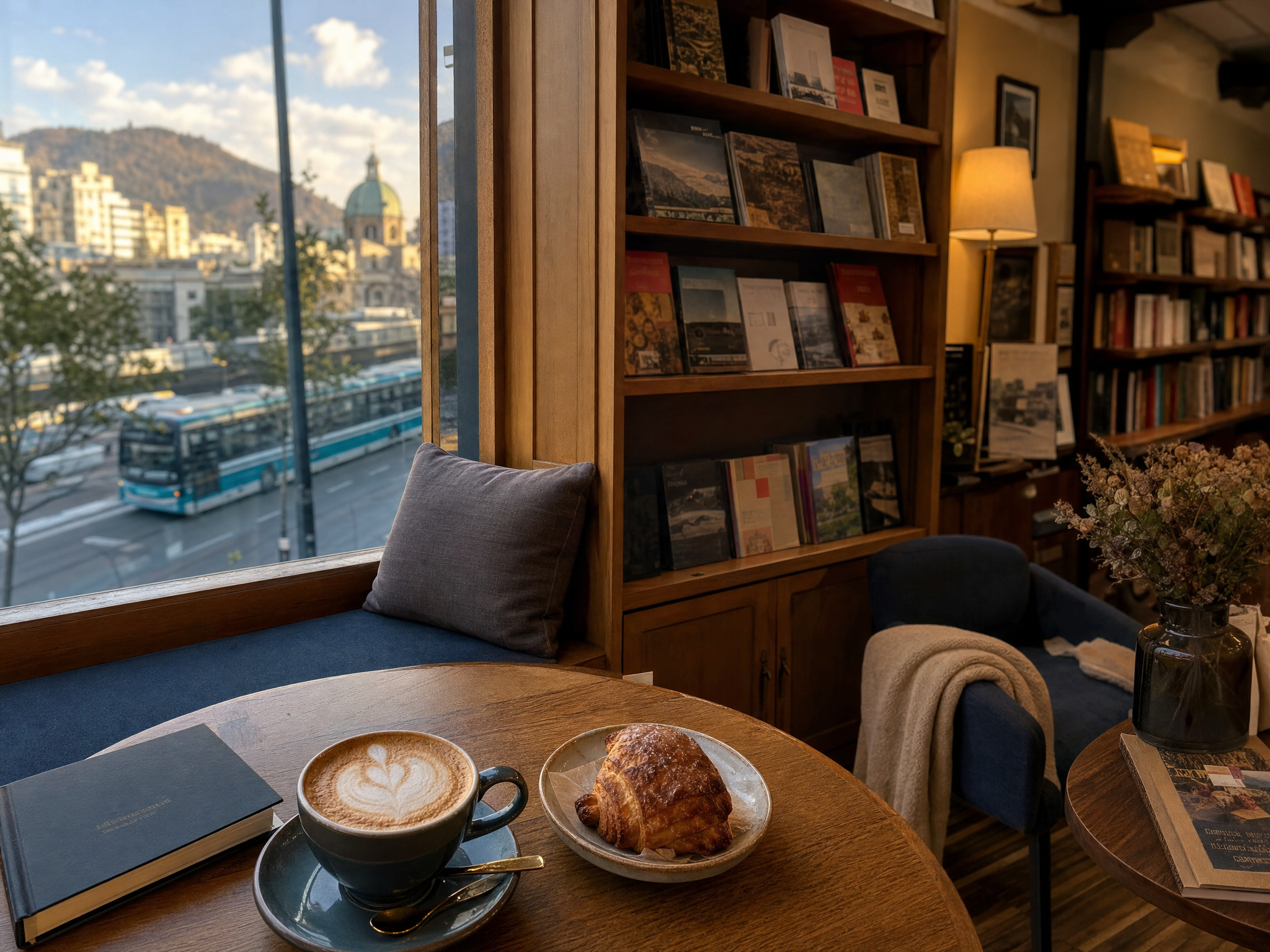 Adult woman notices abstract lock-screen notification previews while seated in a Santiago bookstore cafe